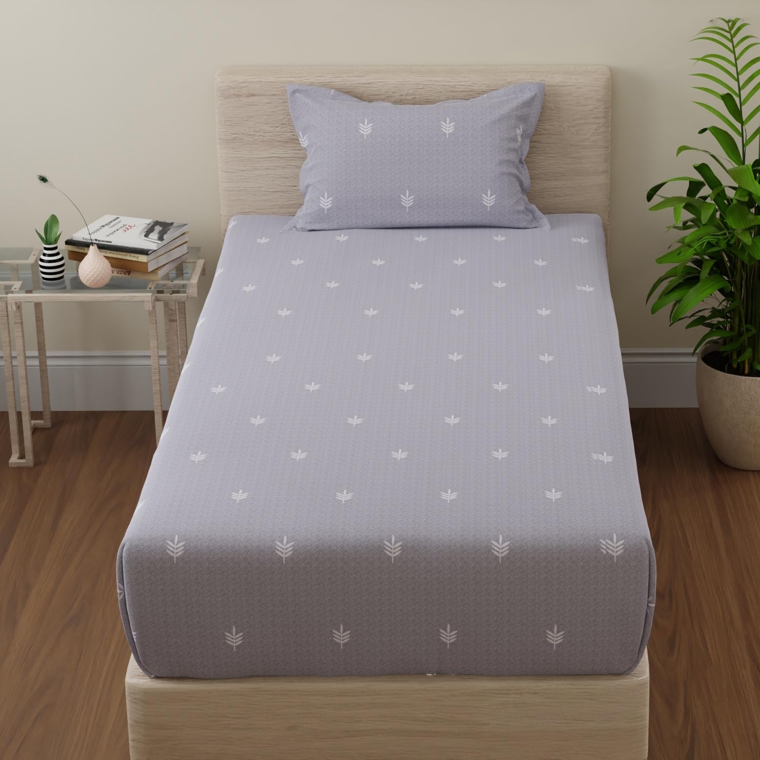 Huesland by Ahmedabad Cotton 144 TC Cotton Elastic Fitted Bedsheet for Single Bed with 1 Pillow Cover | 36 x 78 inches-picture-17