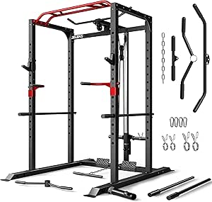 Power Cage, 2000LBS Multi-Function S11 Power Rack with LAT Pulldown, Squat Rack with Adjustable Pulley System and More Training Attachments, Weight Workout Machine for Home Gym