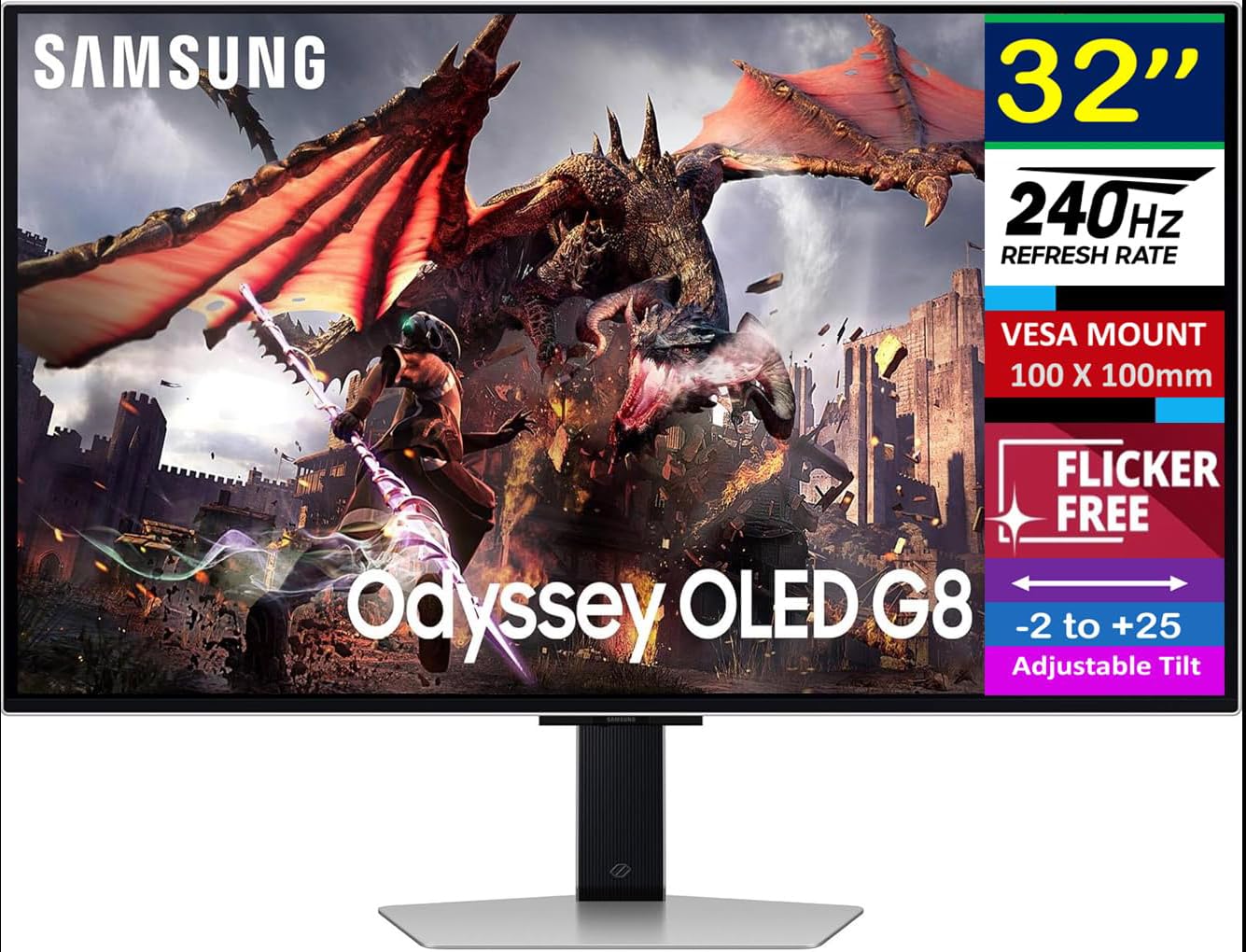 Samsung Odyssey OLED G8 G80SD 32 Gaming Monitor 240 Hz 4K UHD Display VESA Mount 100x100mm Sleek Metal