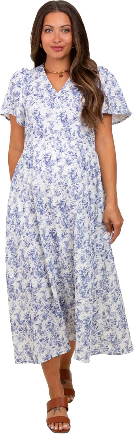 PinkBlush Floral Button Up Tiered Maternity Midi Dress