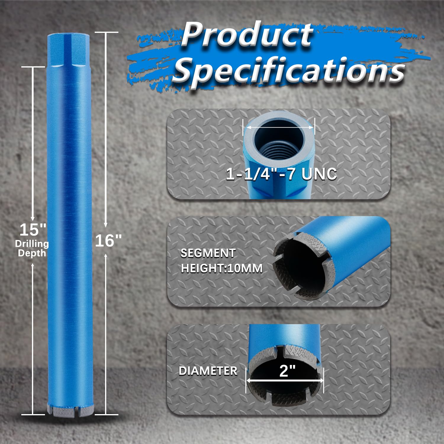 2" Wet Diamond Core Drill Bits for Concrete with Rebar, Brick, Block, Masonry, 15" Drilling Depth, 1-1/4-7" Thread, Laser-Welded Segments for Construction & DIY Home Renovation - Image 2