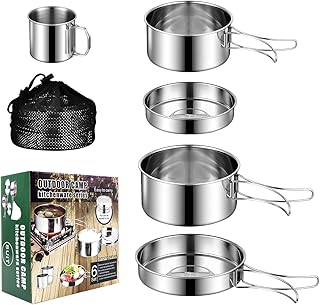 KUIRUNRX® Camping Cookware Kit, Stainless Steel Camping Cooking Set, Camping Pot and Pan Set, Foldable Cutlery, Outdoor Pot Set, Stackable Picnic Pot for Camping, Barbecue, Hiking (5-Piece Set)