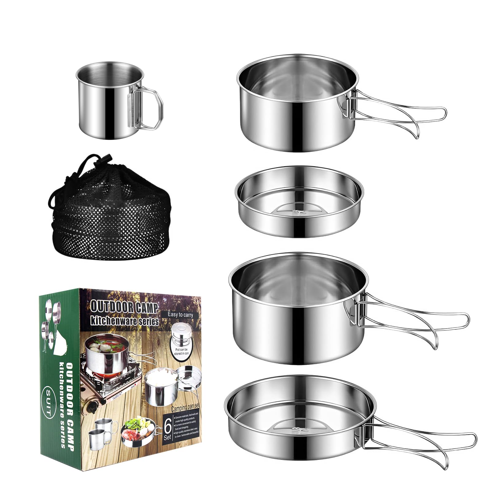 Set di Pentole da Campeggio, Set di Stoviglie da Campeggio, Set di Posate Pieghevoli per Esterni, Per Campeggio, Attività All'aperto, Escursioni, Picnic(Set da 5 pezzi)
