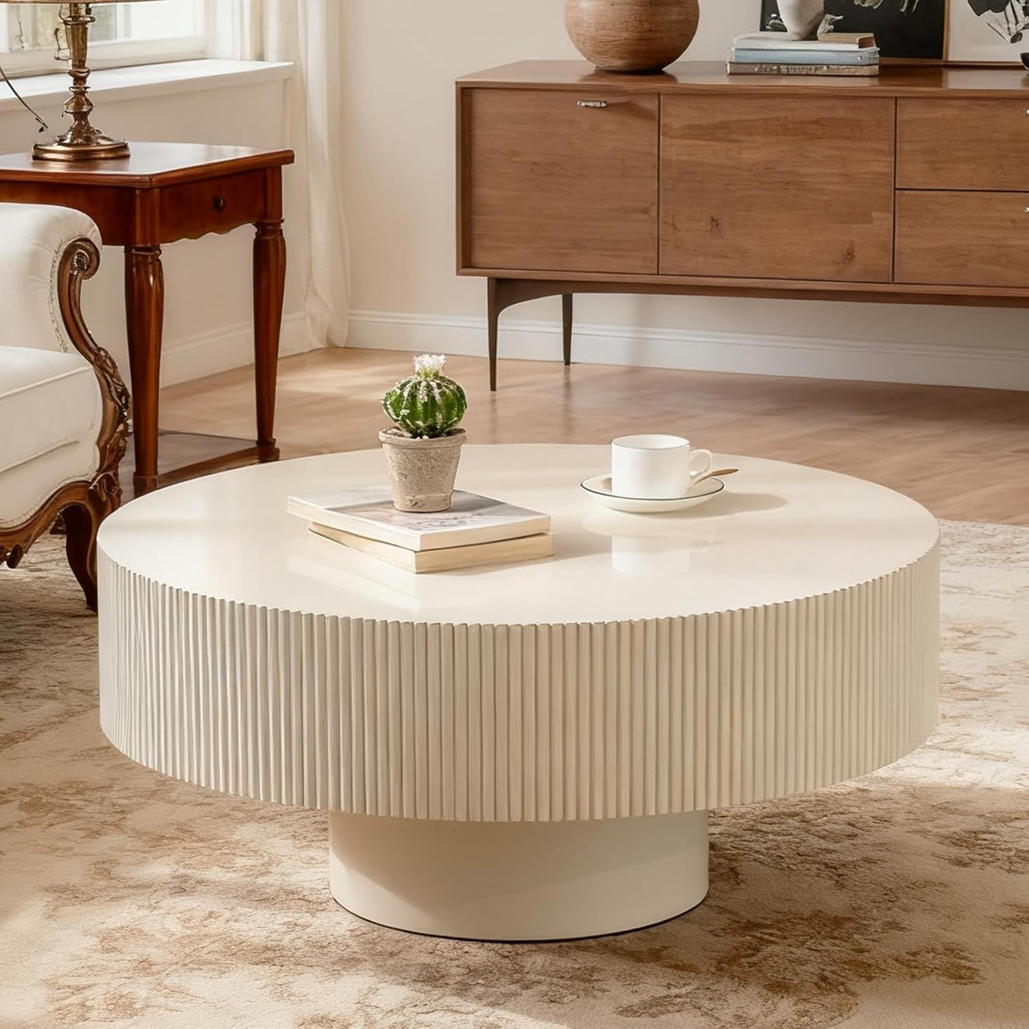 Round Coffee Table for Living Room, 31 inch Round Fluted Coffee Table Modern Circle Drum Coffee Tables for Small Spaces (Cream White, 31 inch)