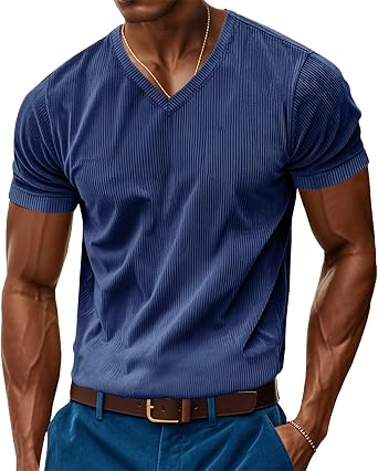 Mens 2025 Summer Short Sleeve T-Shirts V Neck Corduroy Shirts Ribbed Knit Blouses Loose Fit Casual Business Tops