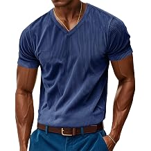Mens T Shirts Summer V Neck Casual Slim Fit Pullover Summer Beach Ribbed Knit Short Sleeve Vacation Basic Tops