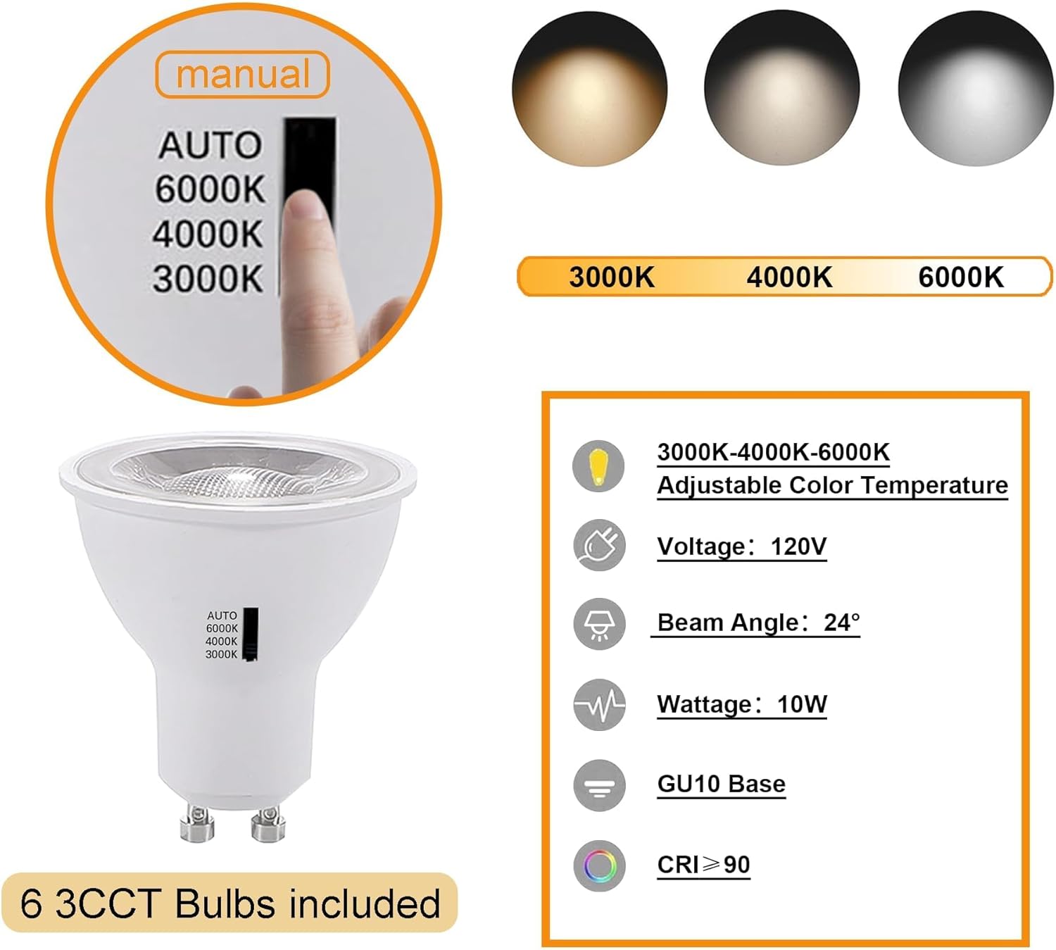 Black Dimmable LED Track Lighting Heads Kit,3CCT 10W Track Lights Heads 3000K/4000K/6000K Adjustable with 6.56FT H-Type Track Light Rails 6PCS Ceiling Spotlight Fixture Replaceable GU10 Bulbs