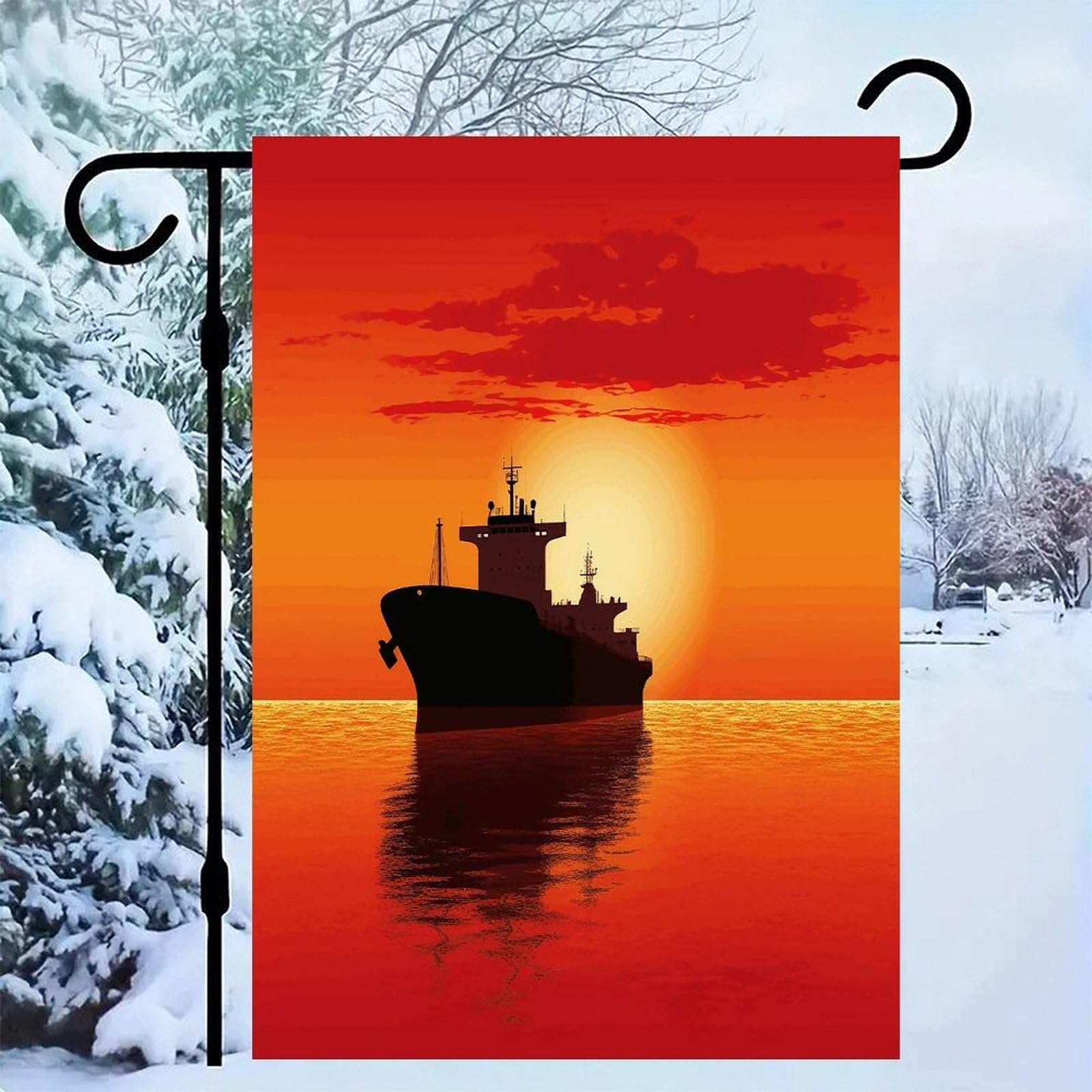 Bandera de jardín decorativa exterior de doble vista con paisaje de barco cisterna