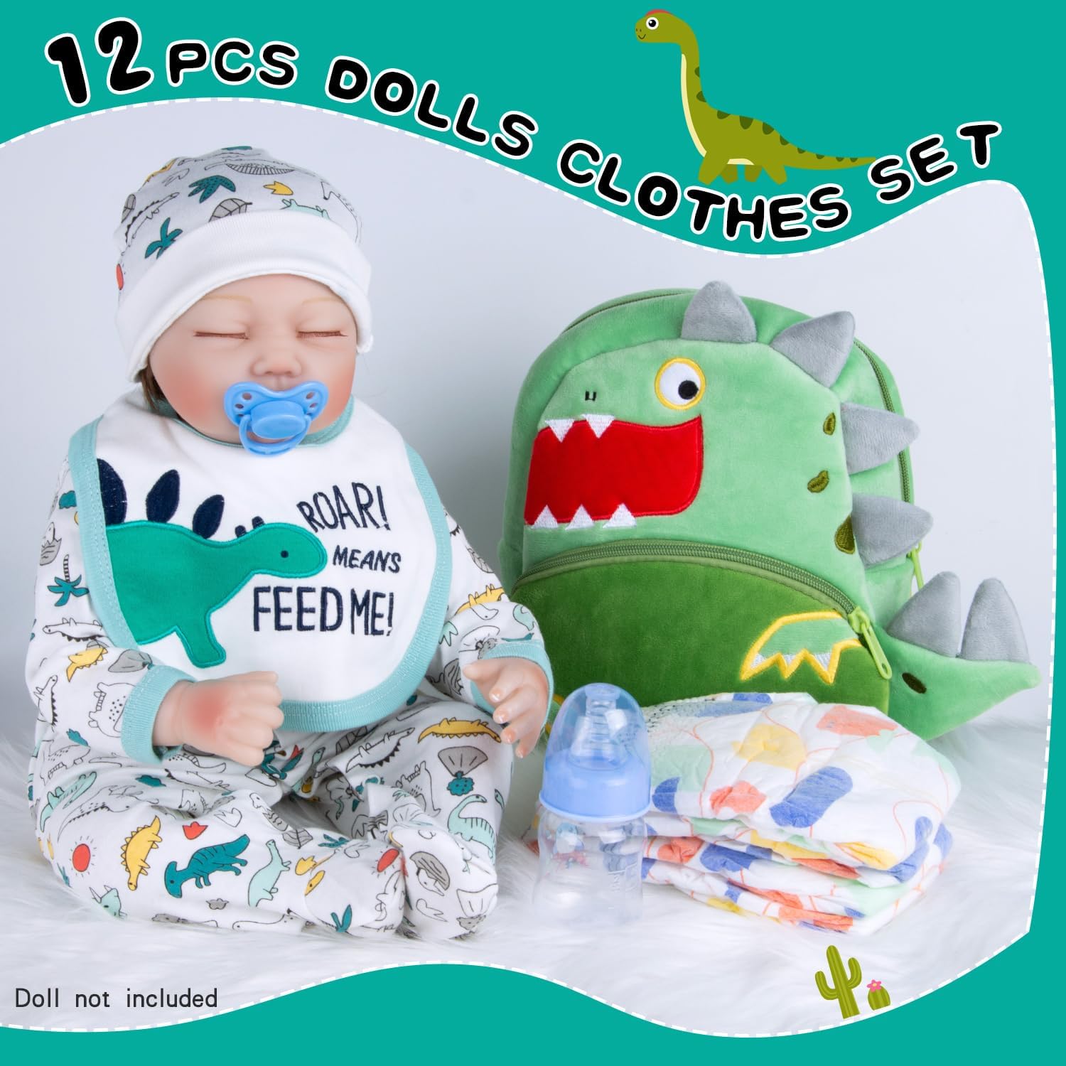 Reborn Baby Doll Clothes Accessories for 18-20 Inch Newborn Baby Doll Clothes with Dinosaur Big Backpack 12pcs Sets Boys