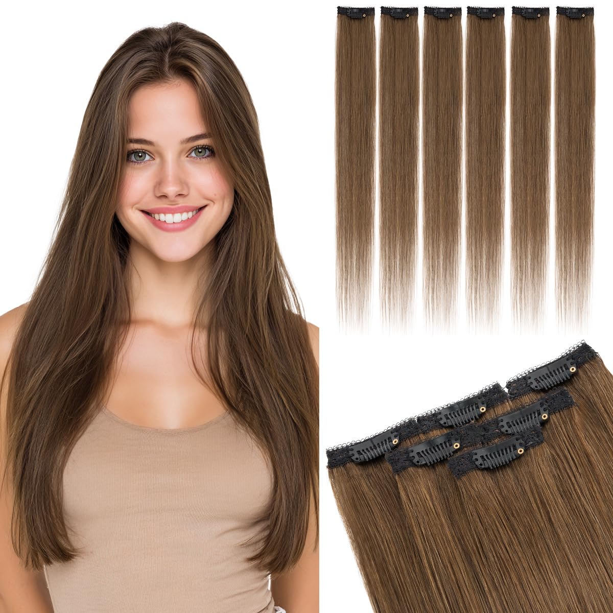 Clips In Short Hair Extensions Real Human Hair 04 Medium Brown Clip Ins Seamless Highlights Straight Hairpiece For Women,6 Pieces 12 inch 33g