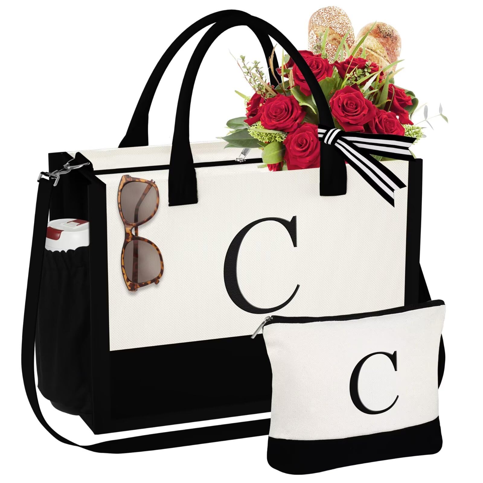 YOOLIFE Valentines Day Gifts for Women - Initial Canvas Tote Bag & Makeup Bag, Birthday Gifts for Women Mom Sister Friends