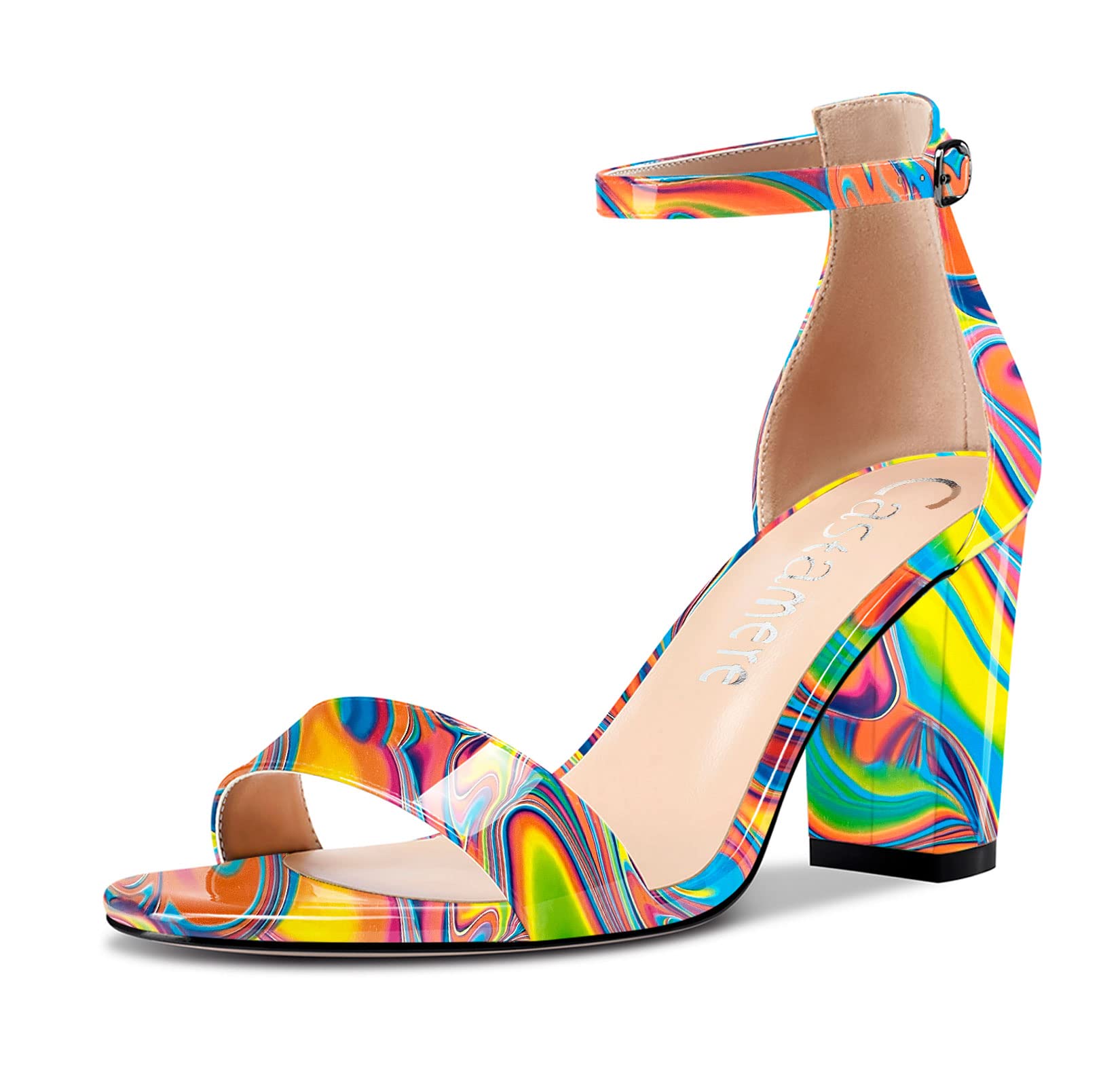 Womens Chunky Block Mid Heel Peep Open Toe Ankle Strap Sandals Clear Cute Dress Shoes