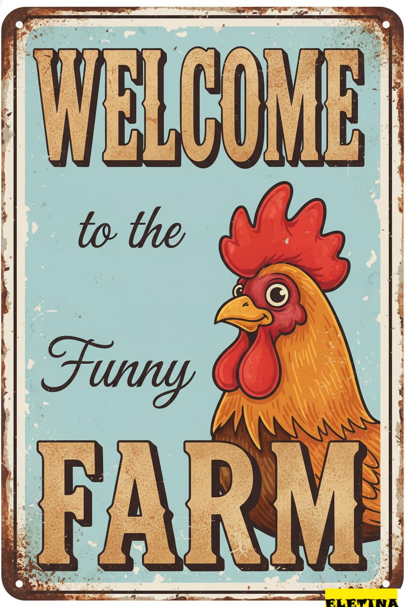 Vintage Metal Tin Sign for Chicken Gifts Rooster Dcor Welcome To The Funny Farm Rustic Home Farm Chicken Coop Decor 8x12 Inch (9708) Private Property Decorative