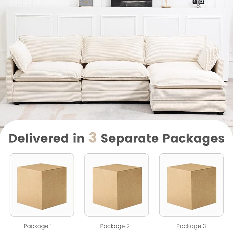 ROWHY 112'' Modular Sectional Cloud Couch with Movable Ottoman, 4 Seat Modern Corduroy Sofa, Deep Seat L Shaped Couch for Living Room Bedroom Apartment, Beige image 4