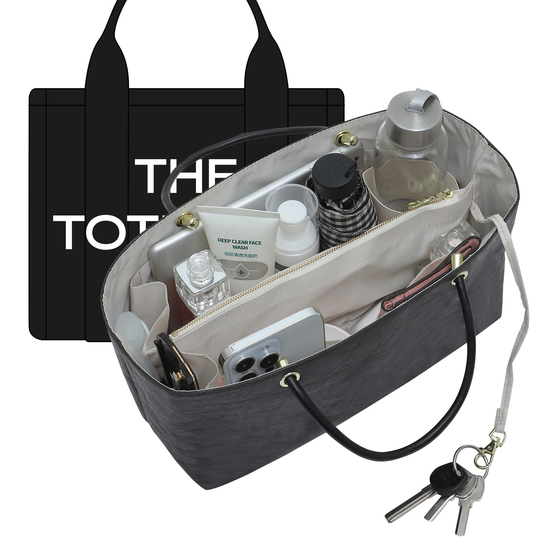 DOXO Purse Organizer Insert Compatiable with M arc Jacobs Medium Tote Bag, Lightweight YKK Zipper Tote Organizer with Handle/Elastic Cup Holder/Key