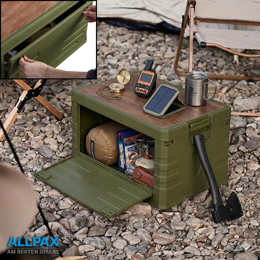 Allpax Outdoor Campingbox faltbar mit Holzdeckel, 30 Liter, olive, 47,5 x 29,5 x 23,5 cm, stapelbare Aufbewahrungsbox für Camping, Auto & Haushalt, Garten, Party & Picknick