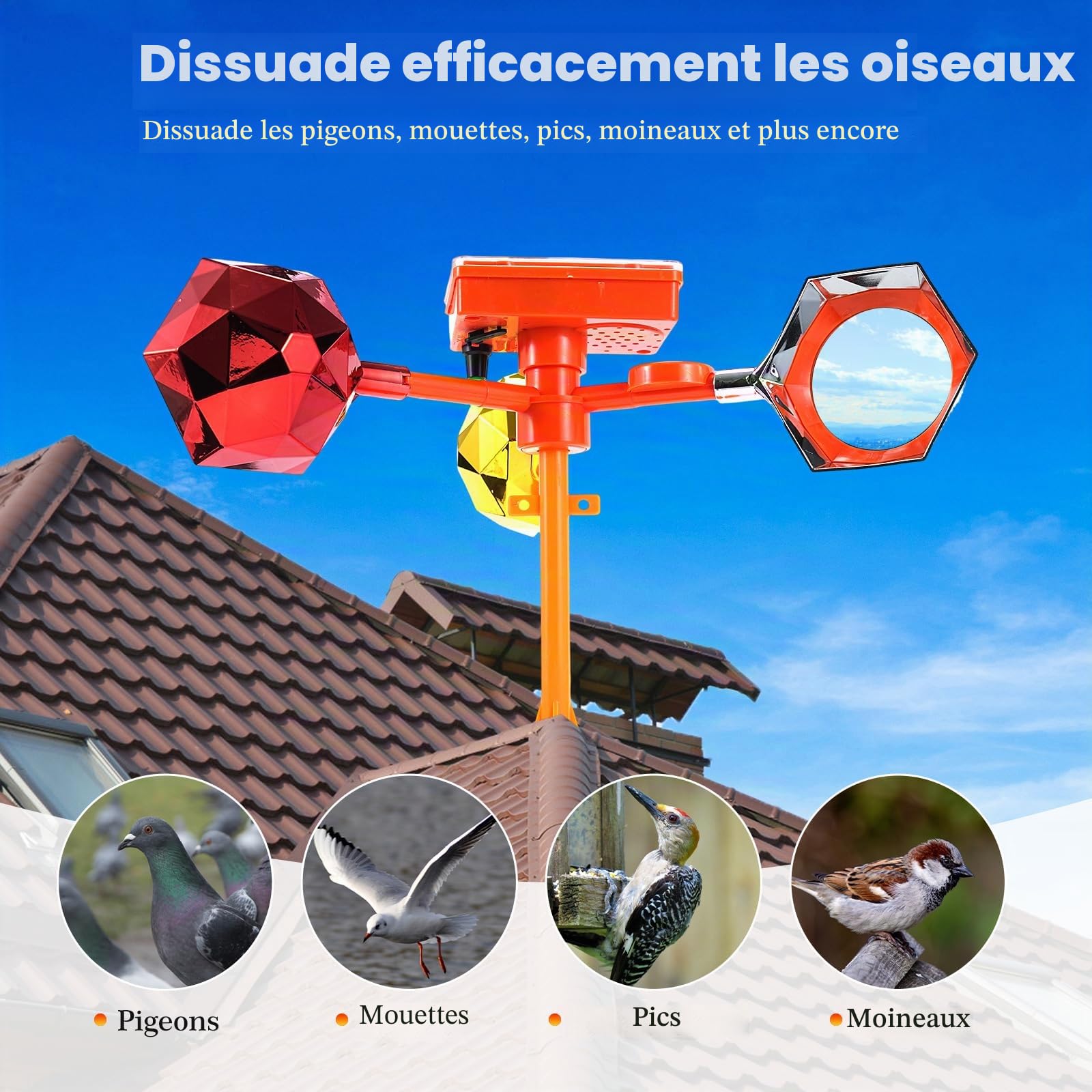 Effaroucheur Oiseaux, Répulsif Contre Les Pigeons avec Bruit de Dissuasion, Réflexion à 360°, Repulsif Pigeon Réflecteurs Rotatifs Les Pigeons, pour Jardin, Balcon, Verger, Cour