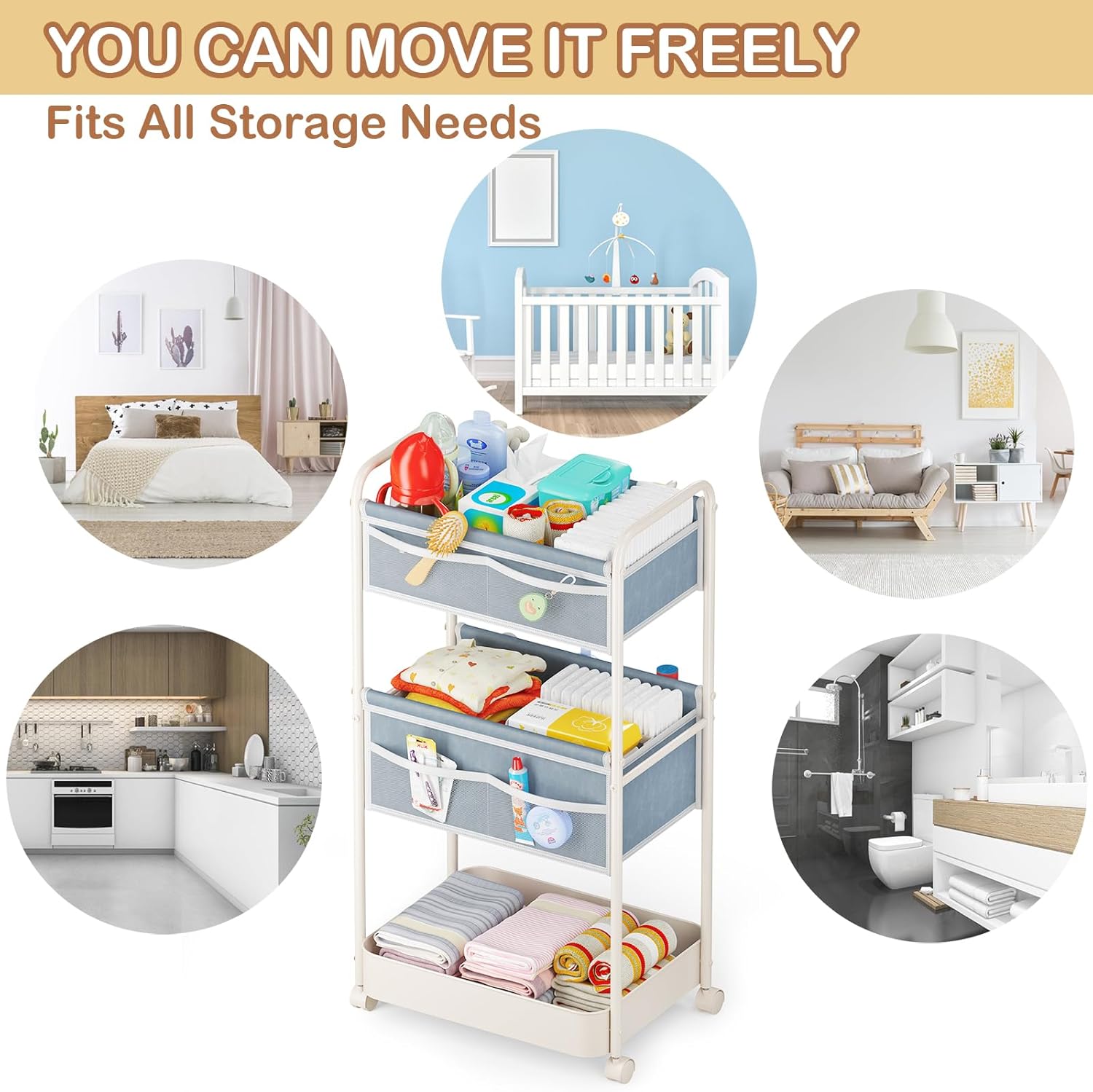 Baby Diaper Caddy, Premium Metal& Felt Movable Cart with Dividers for Newborn Nursery Essentials, Large Capacity Rolling Diaper Storage Caddy Organizer for Changing Table &Crib, Easy Assembly- Gray