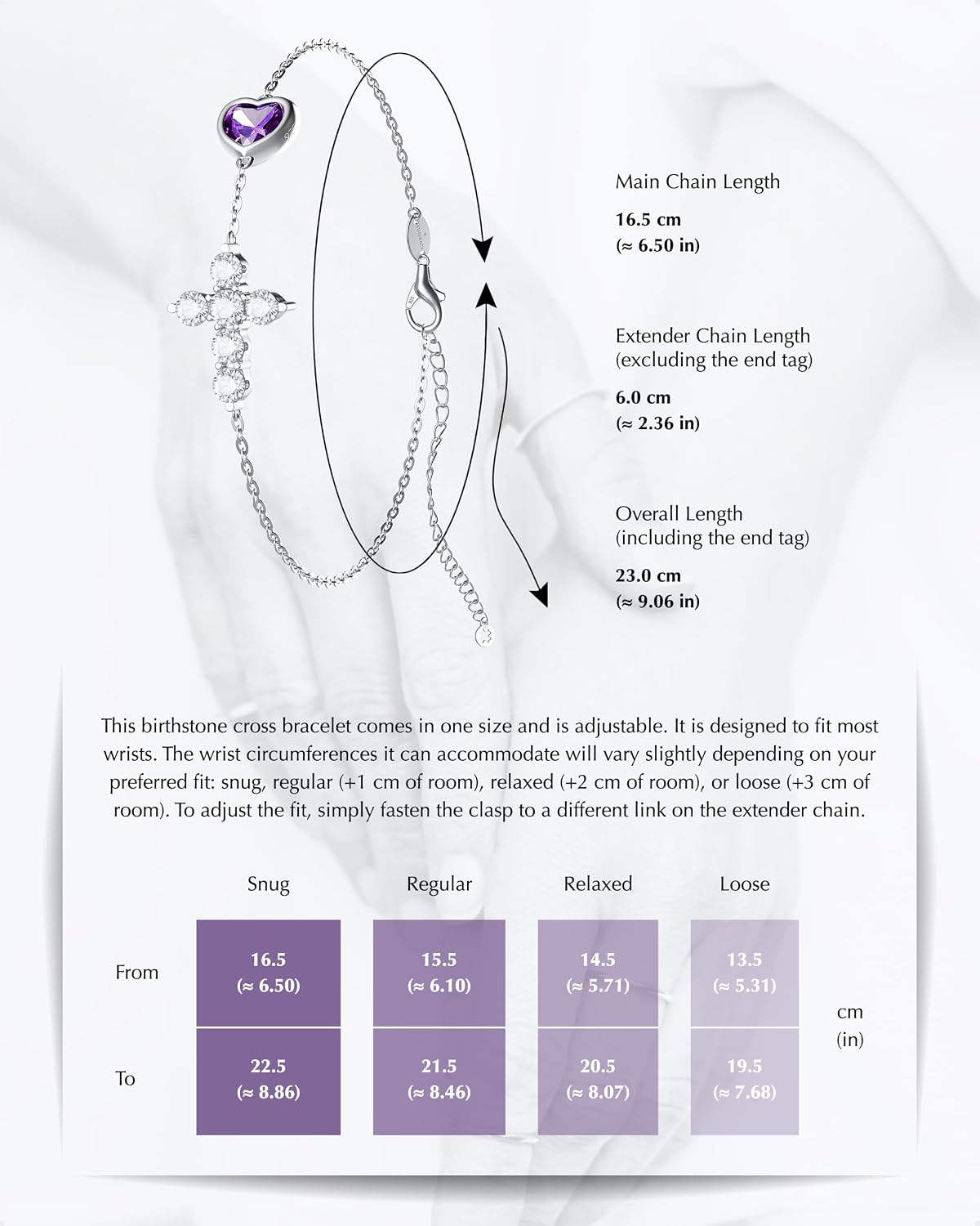 ÀIMBRACE Birthstone Bracelets for Women - Moissanite Cross Bracelet with Heart-Shaped Birthstone, 18K White Gold-Plated Solid 925 Sterling Silver with Rhodium-Plated Finish, Adjustable 16.5-22.5 cm