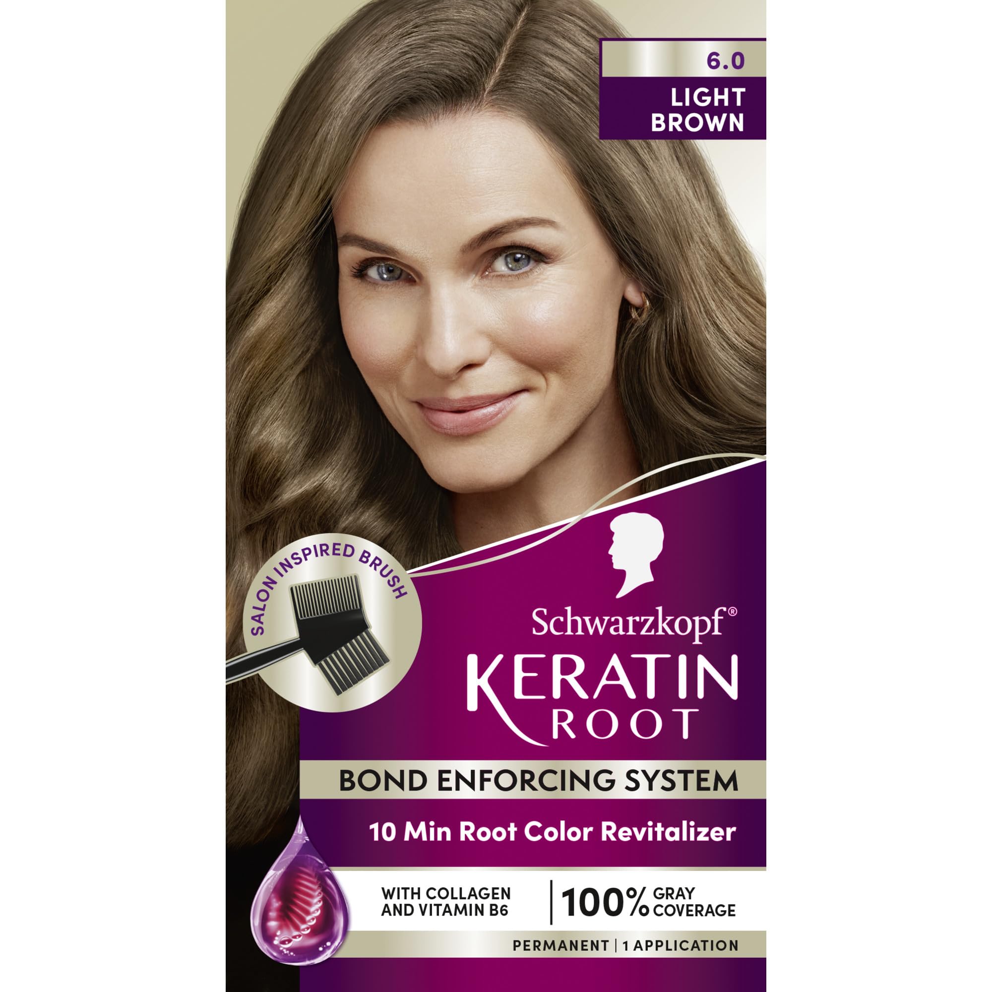 Schwarzkopf Keratin Root Permanent Hair Color Kit, 6.0 Light Brown, 1-Application Root Touch-Up with Collagen & Vitamin B6, Complete Gray Coverage,