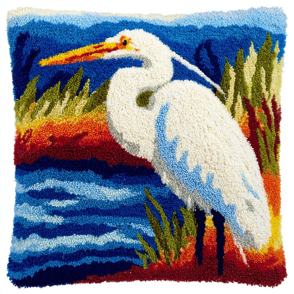 Taxpy Latch Hook Kits, Animal egret Pillow for Pillow Pre-Printed Patterns Pillowcase Needlework Crochet Yarns Latch Hooking Cushion 17x17inch