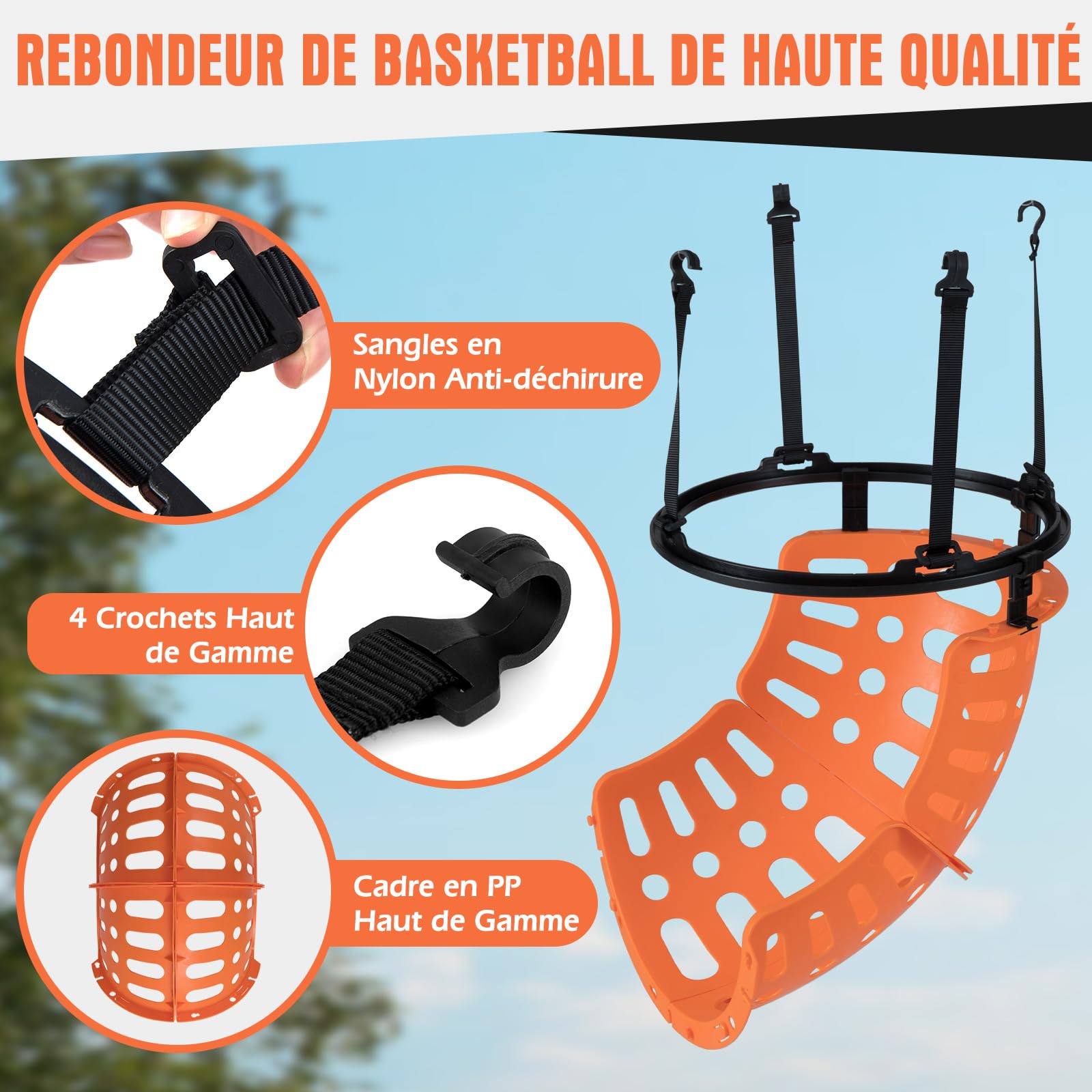 GOPLUS Retour de Ballon de Basket Rotatif à 360°, Système de Retour de Balle avec 4 Crochet pour Fixation Robuste, Accessoire pour Panier de Basket Jusqu’à 46 CM, Hauteur Réglable, pour Adulte, Enfant