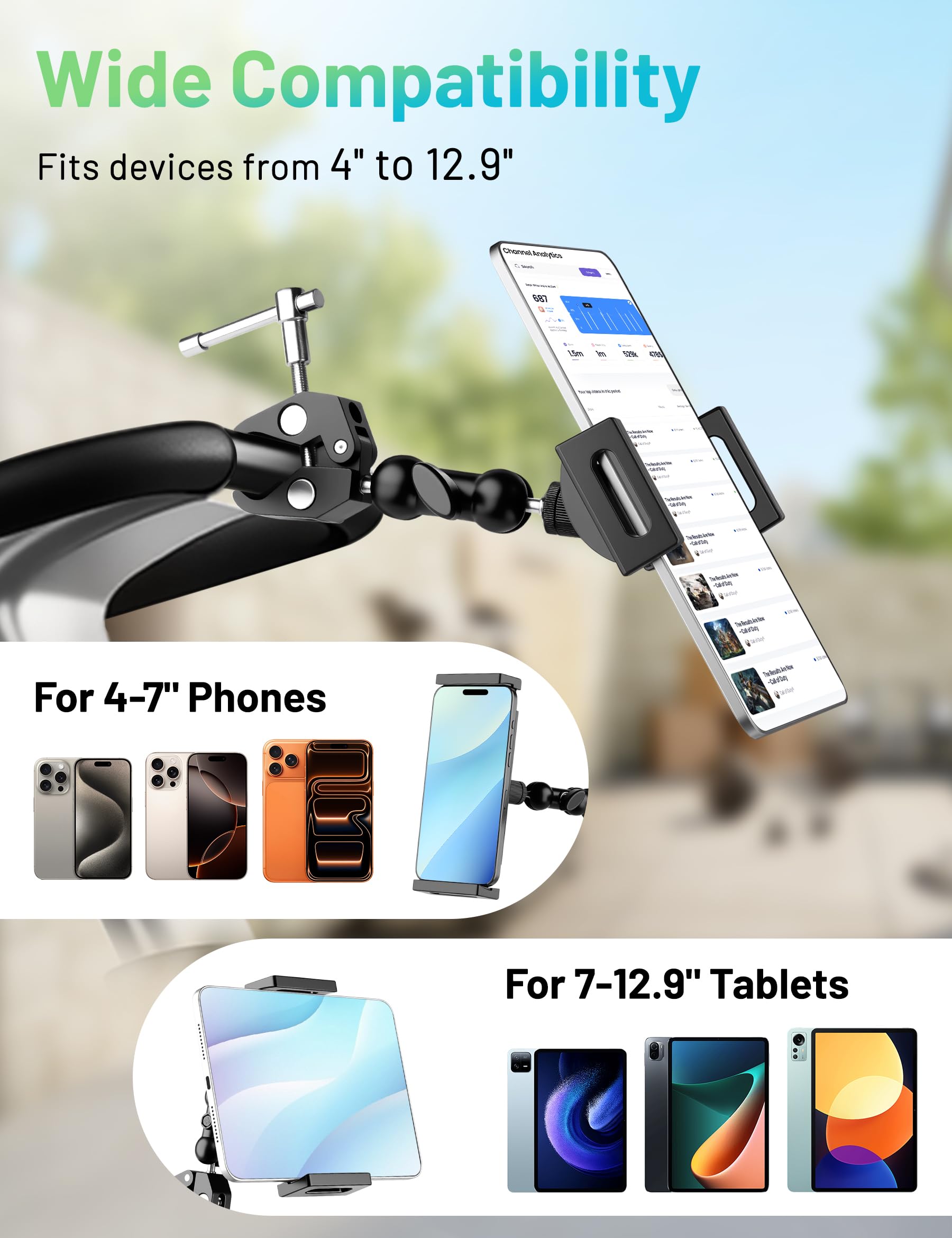 Support de tablette pour tapis roulant, support iPad, vélo d'appartement, support de guidon pour micro, poussette, fauteuil roulant, vélo elliptique, support de tablette pour iPad Pro Galaxy