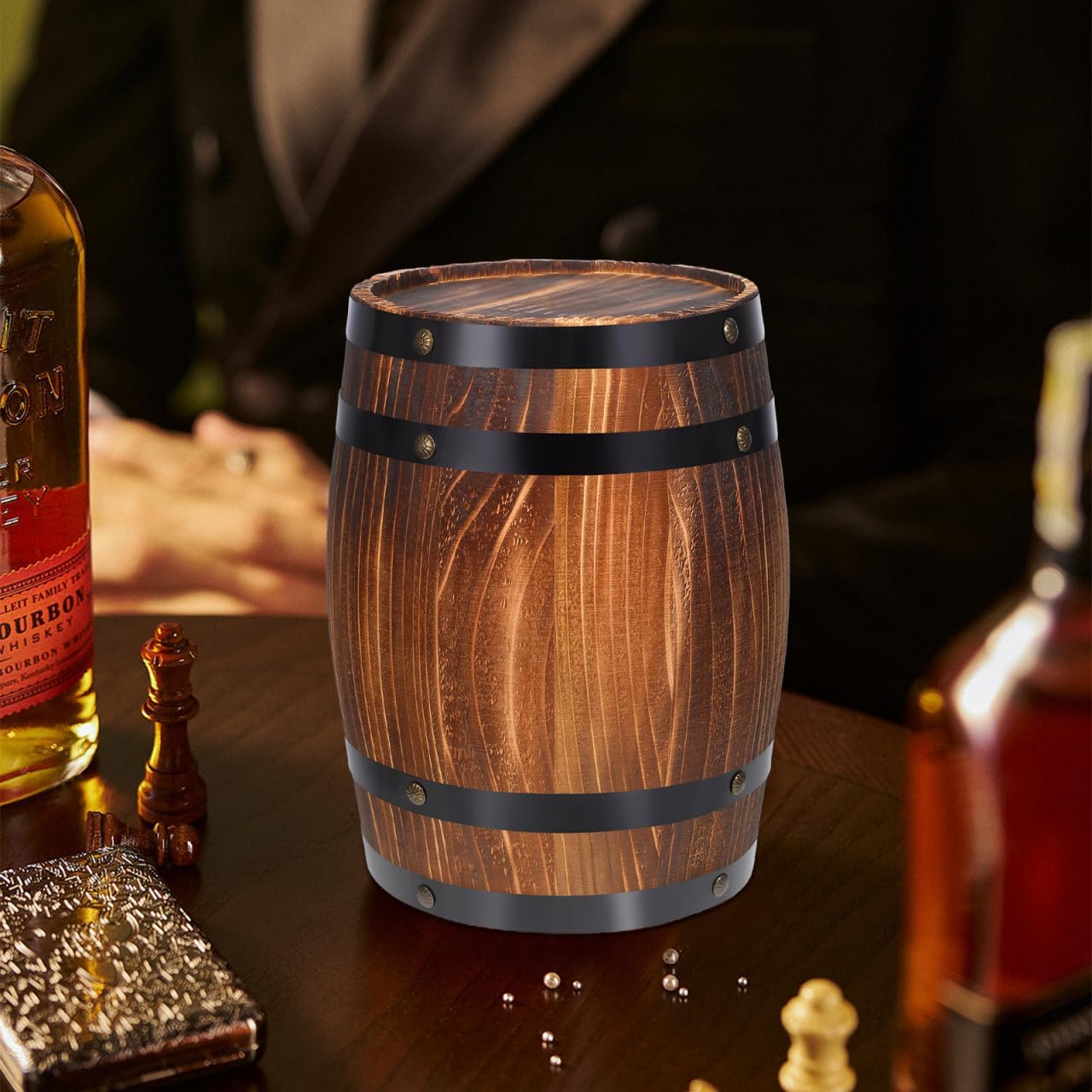 Oak Barrel Decoration Wooden Planter Rustic Wine Barrel Prop 8.2 Inch Antique Style Beer for Home Patio Garden Decor