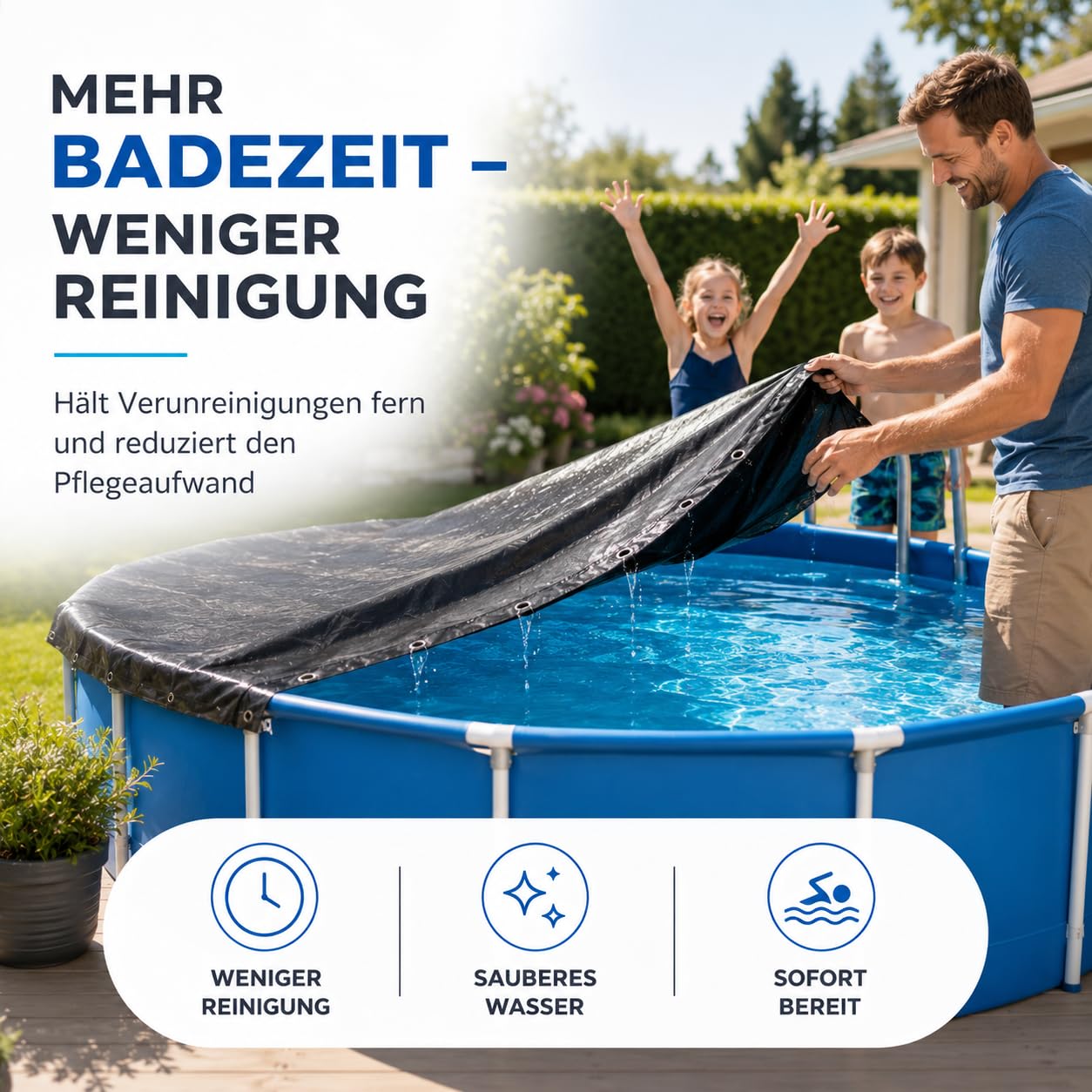 Telo di copertura per piscina rotondo, extra spesso, 200 g/m², resistente ai raggi UV, per l'estate e l'inverno, colore nero, 460 – 500 cm (diametro 560 cm)