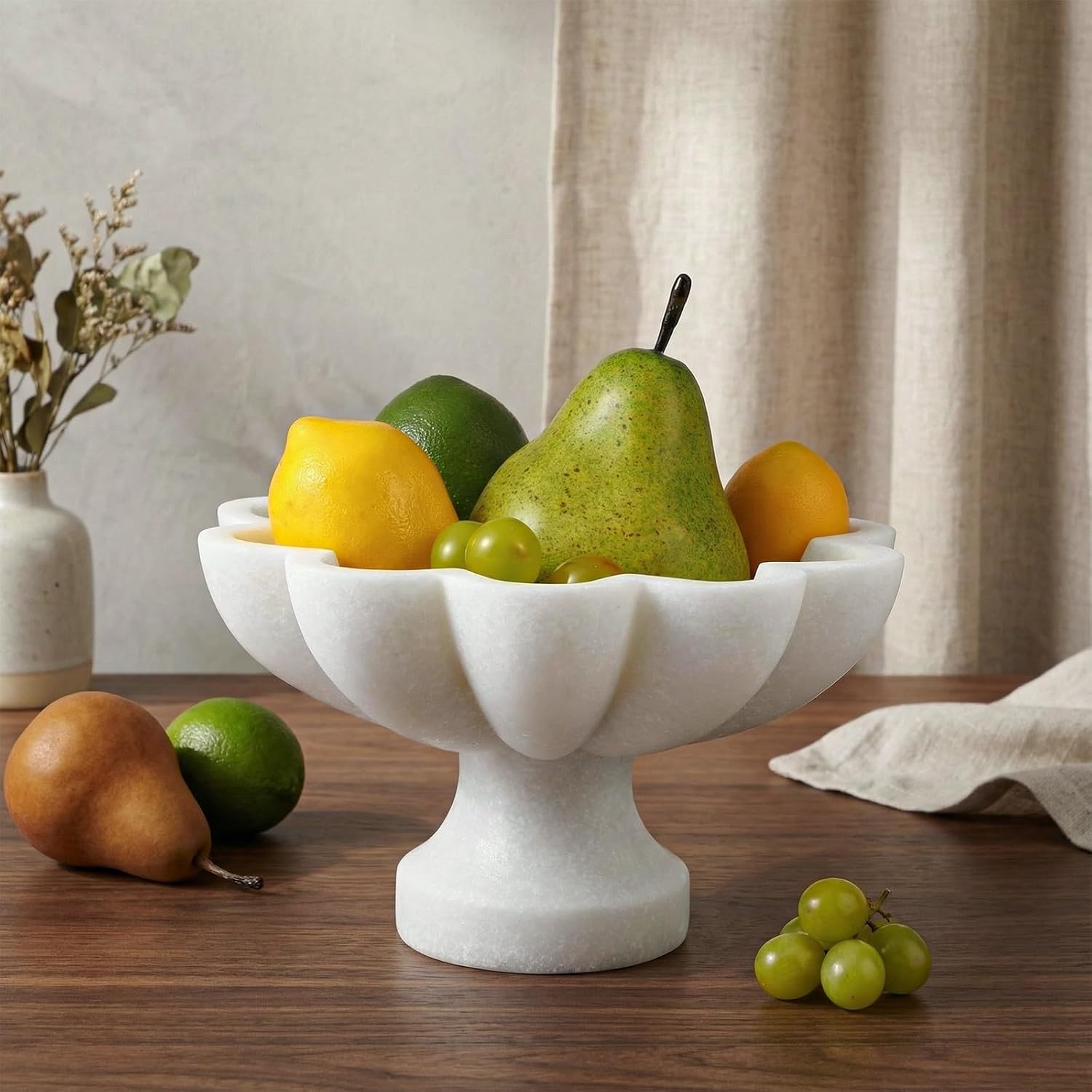 Potchen 1 Pcs White Ruffle Marble Bowl, 8 Inch Decorative Scalloped Fluted Bowl for Kitchen Counter Entryway & Home Table Centerpiece Decorations, Trinket Dish for Keys, Jewelry, Fruit & Snacks