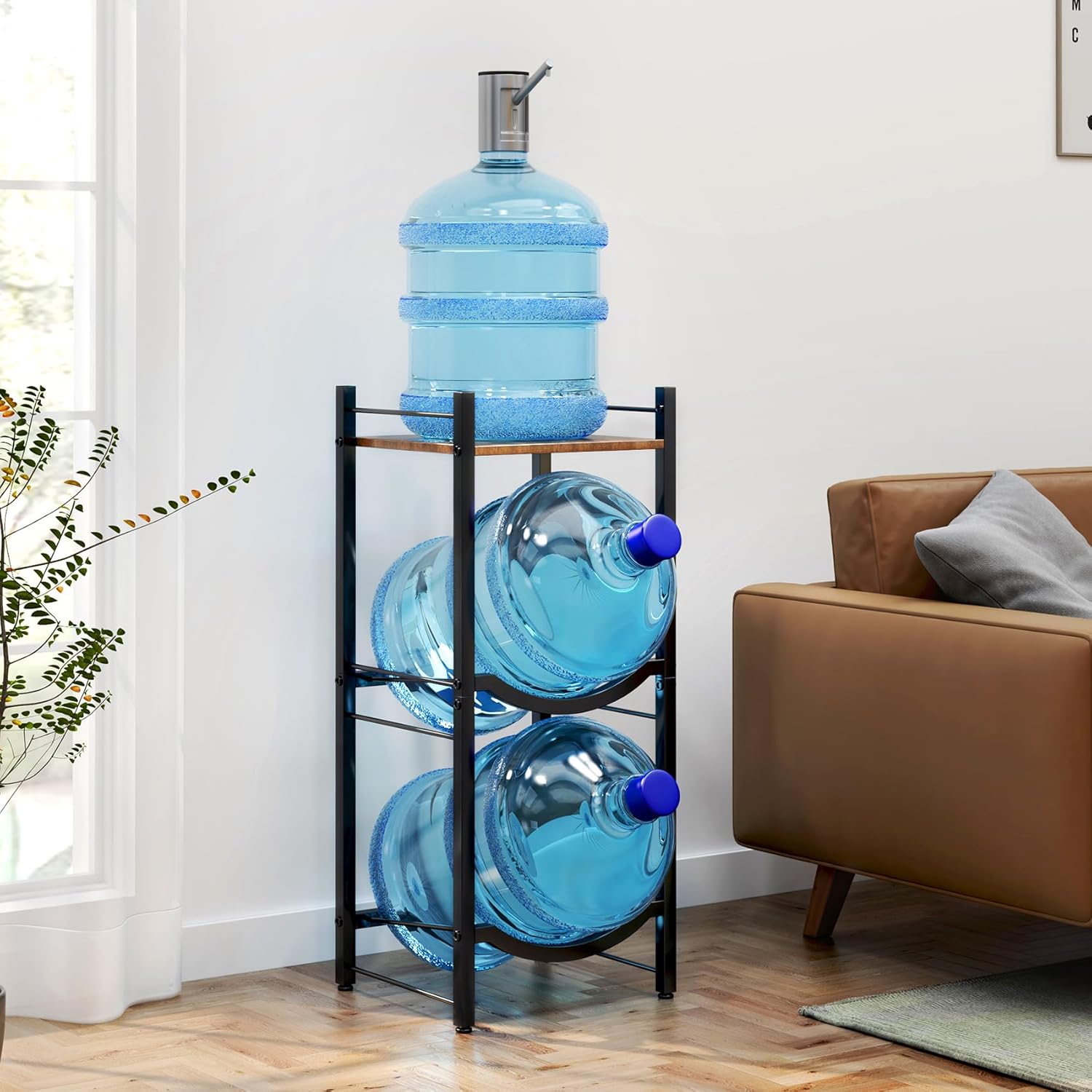 Assembled water jug holder in a living room setting with a water jug on top and two below.