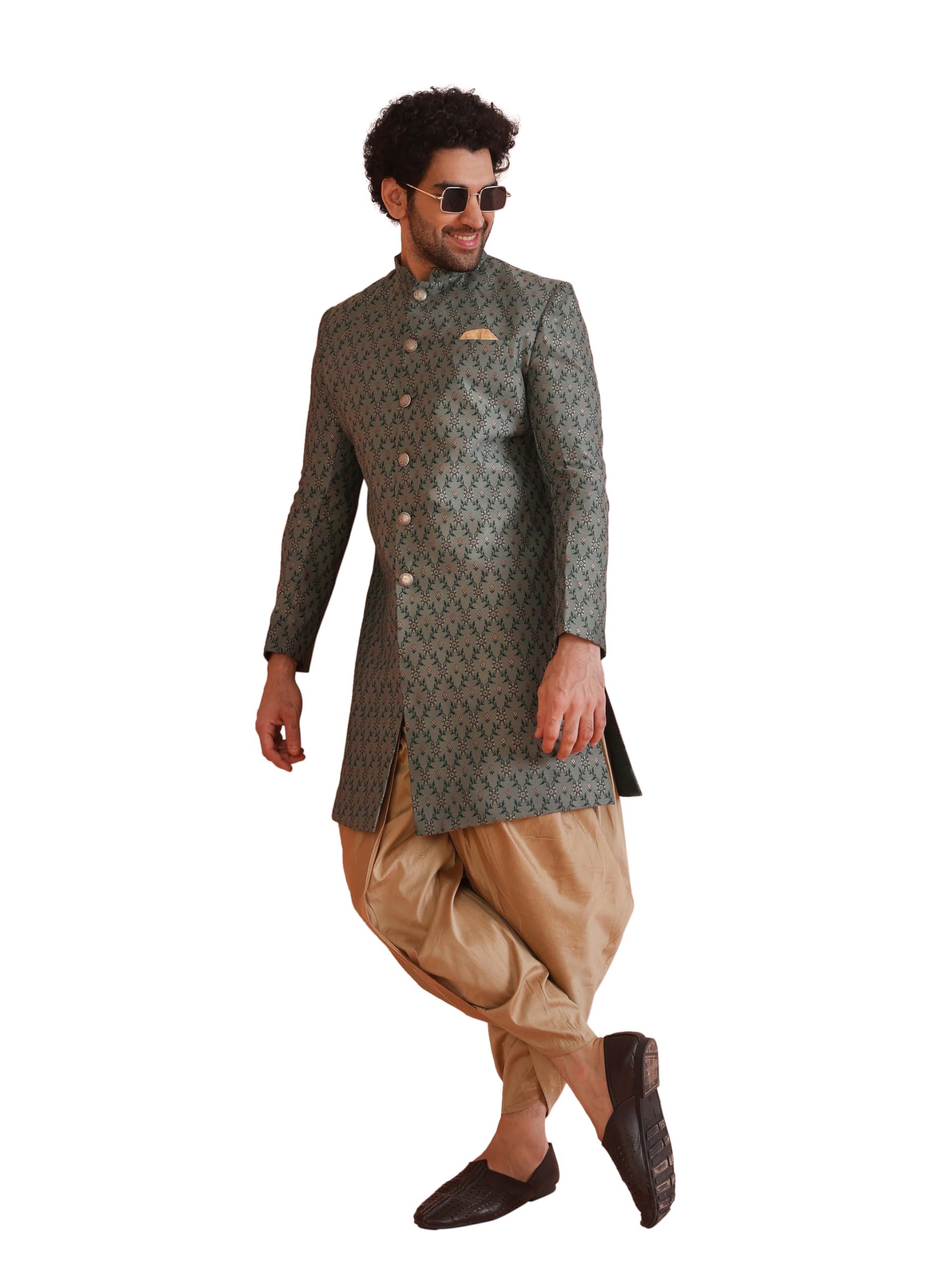 Kisah Men's Ethnic Wear Silk Blend Printed Regular Fit Grey- Beige Indo-Western Sherwani Set Indo-Western-40
