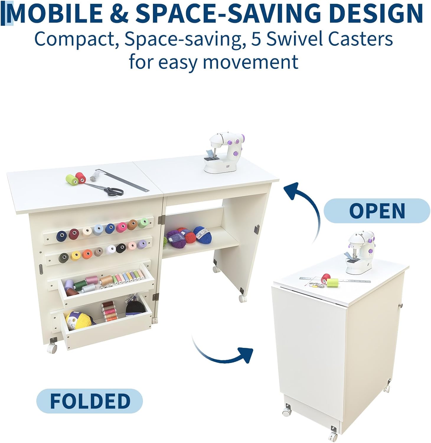 Garvee Folding Sewing Table, Sewing Machine Table with Compact Design, Multipurpose Craft Station & Side Desk with Lockable Wheels, Storage Shelves, Storage Trays, Pegs, Magnetic Locks