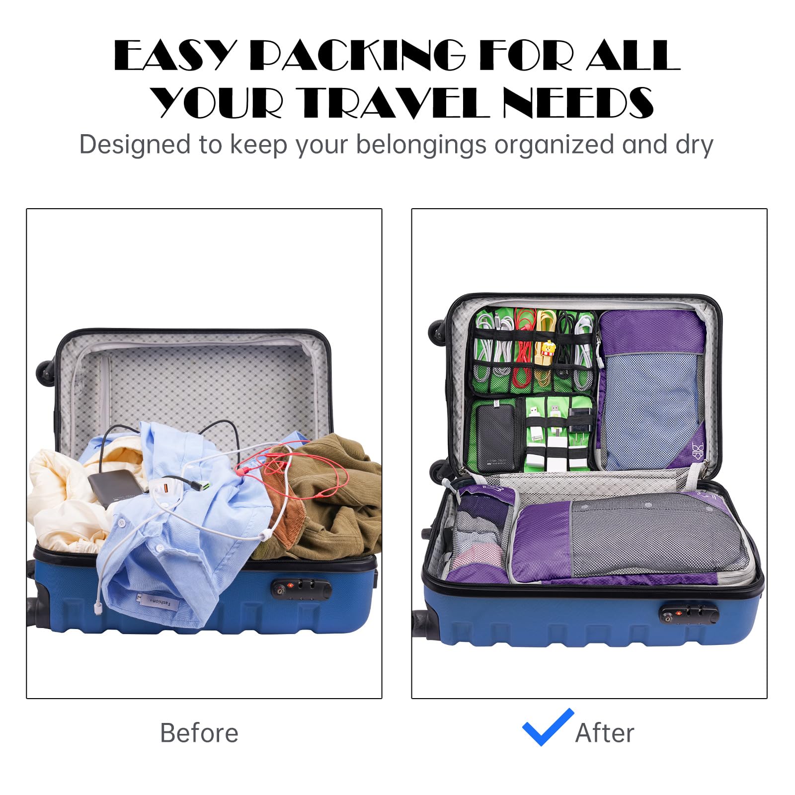 NiHome Set di 7 cubi a compressione espandibile, in rete, organizer per bagagli con cavo elettronico, caricabatterie, organizer con coulisse, per viaggi, casa, accessori da viaggio (viola)