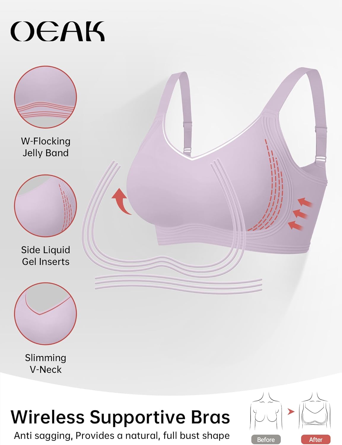 OEAK Womens Seamless Push Up Bras No Underwire Full Coverage Comfortable Bra V Neck Bralettes Wireless Everyday Bra - Image 2