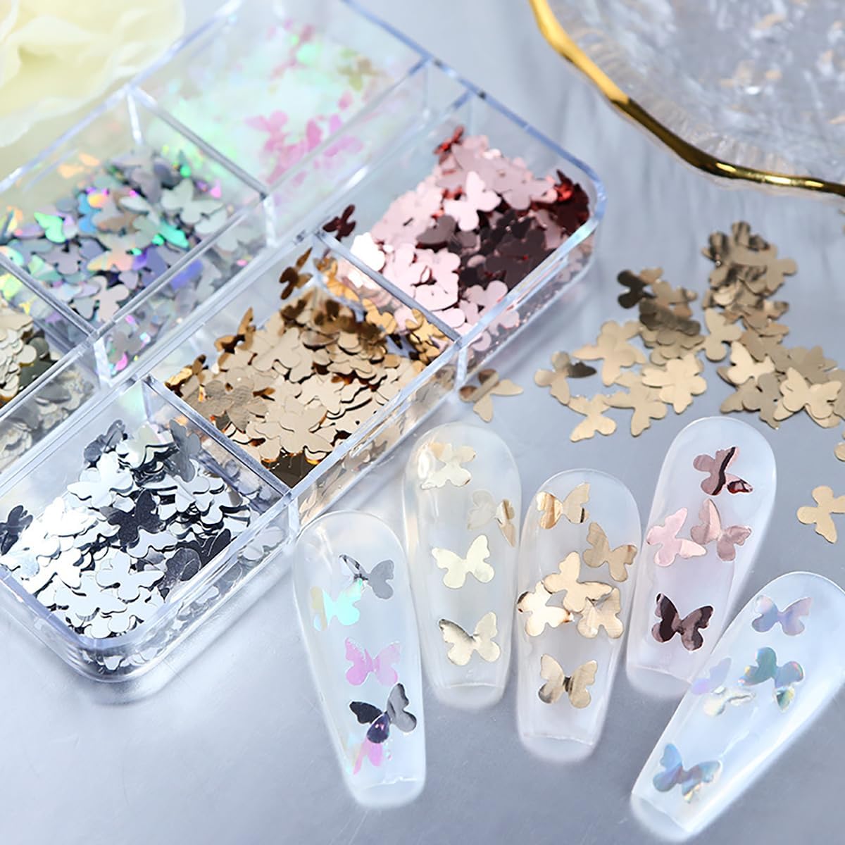 6 Grids Holographic Butterfly Nail Art Glitter Sequins 3D Sparkly Laser Butterflies Glitter for Acrylic Nail Design Manicure Paillettes Ultrathin Face Body Decoration Accessories