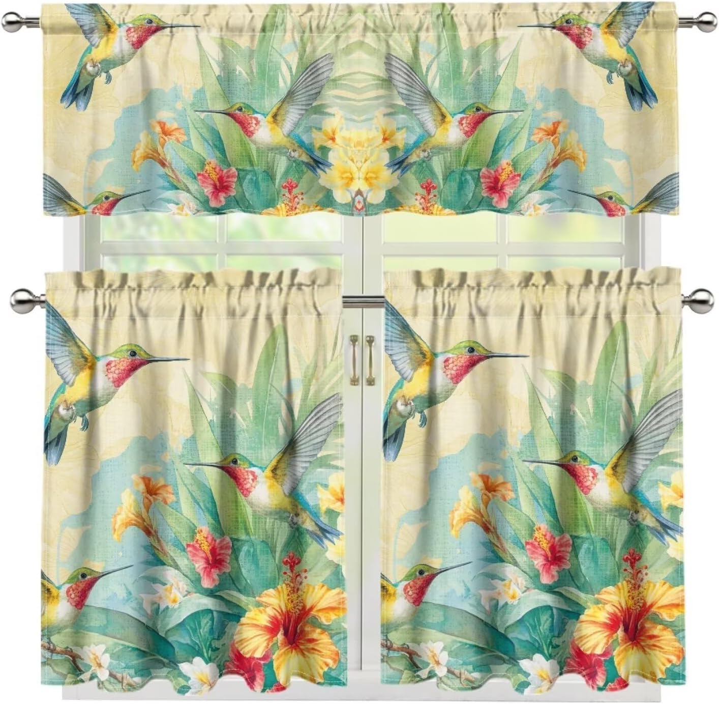 doginthehole Floral Hummingbird Kitchen Curtains and Valances Set 36 Inch Long Tier Cafe Curtain Rod Pocket Valances for Living Room Bedroom Bathroom Farmhouse Rustic Country Window Curtains 3Pcs