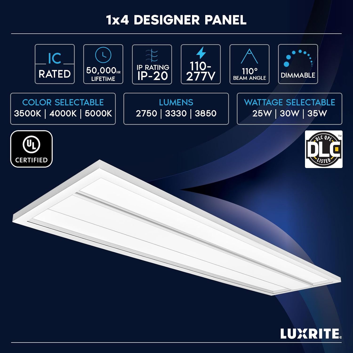 LUXRITE 1x4 FT LED Panel Lights, 25/30/35W, 3CCT Selectable 3500K/4000K/5000K, Architecture Designer Troffer Lights, 2750/3300/3850LM, 0-10V Dimmable, 110-277V, DLC Listed, UL Certified (2 Pack)