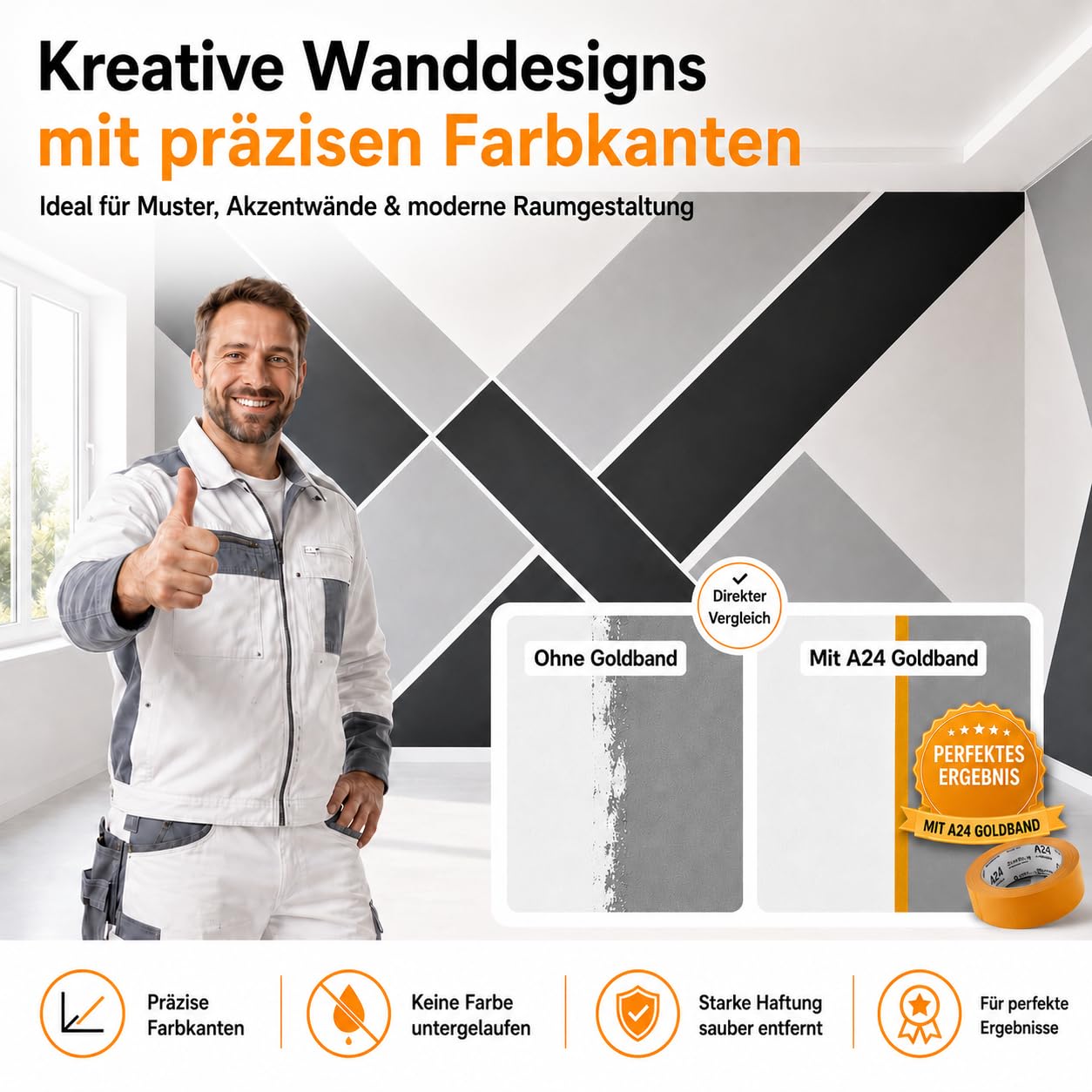 A24 Goldband Malerkrepp 25mm x 50m – Washi Tape Kreppband 108 Rollen | Gewerbekarton, Abklebeband für saubere Farbkanten, Malerklebeband, Abdeckband Innenbereich