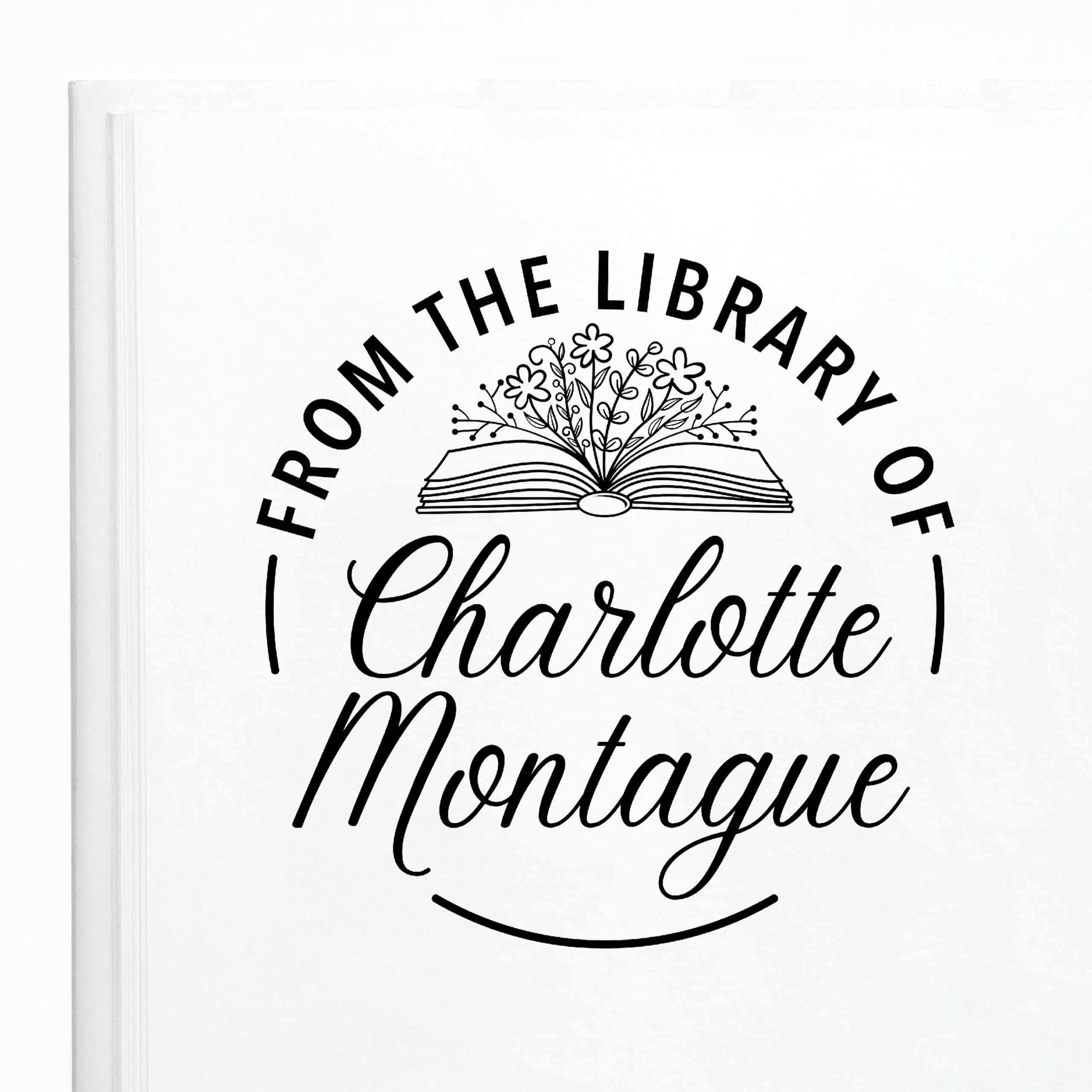 ExcelMarkCustom Book Stamp - Personalize a Book Embosser, Wood Stamp, or Self-Inking Mount (Floral Book, Round)