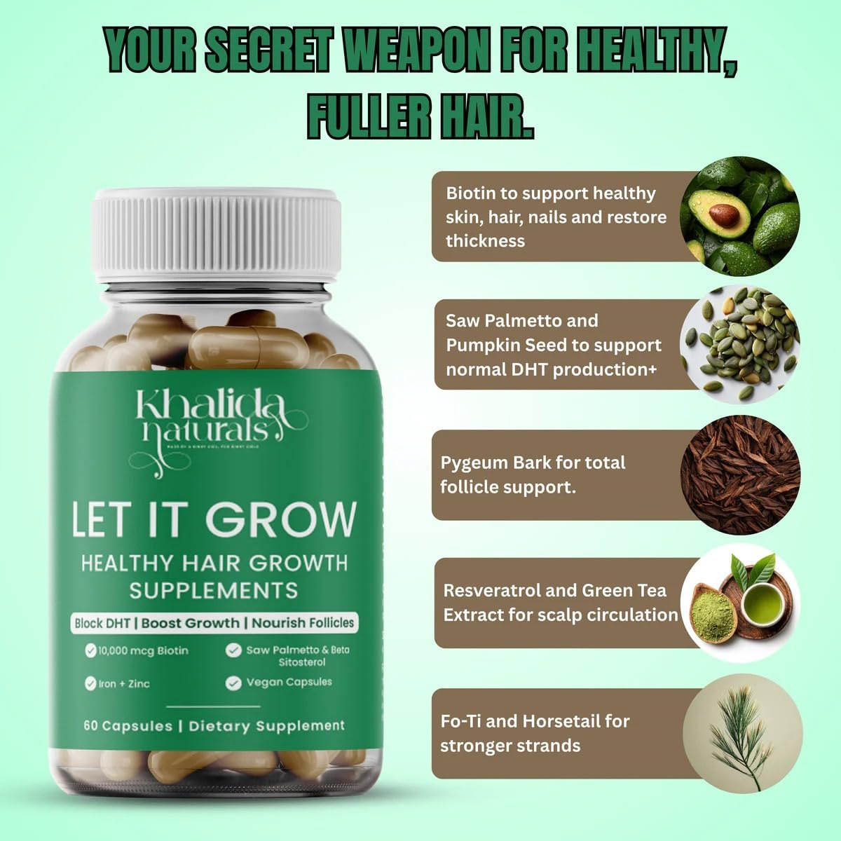 Women's Hair Growth Supplements, DHT Blocker, with Biotin, Saw Palmetto, Pumpkin Seed, Nettle, Fo-Ti and Horsetail for Thicker and Stronger Hair. 30 (60 Count) 30 Days