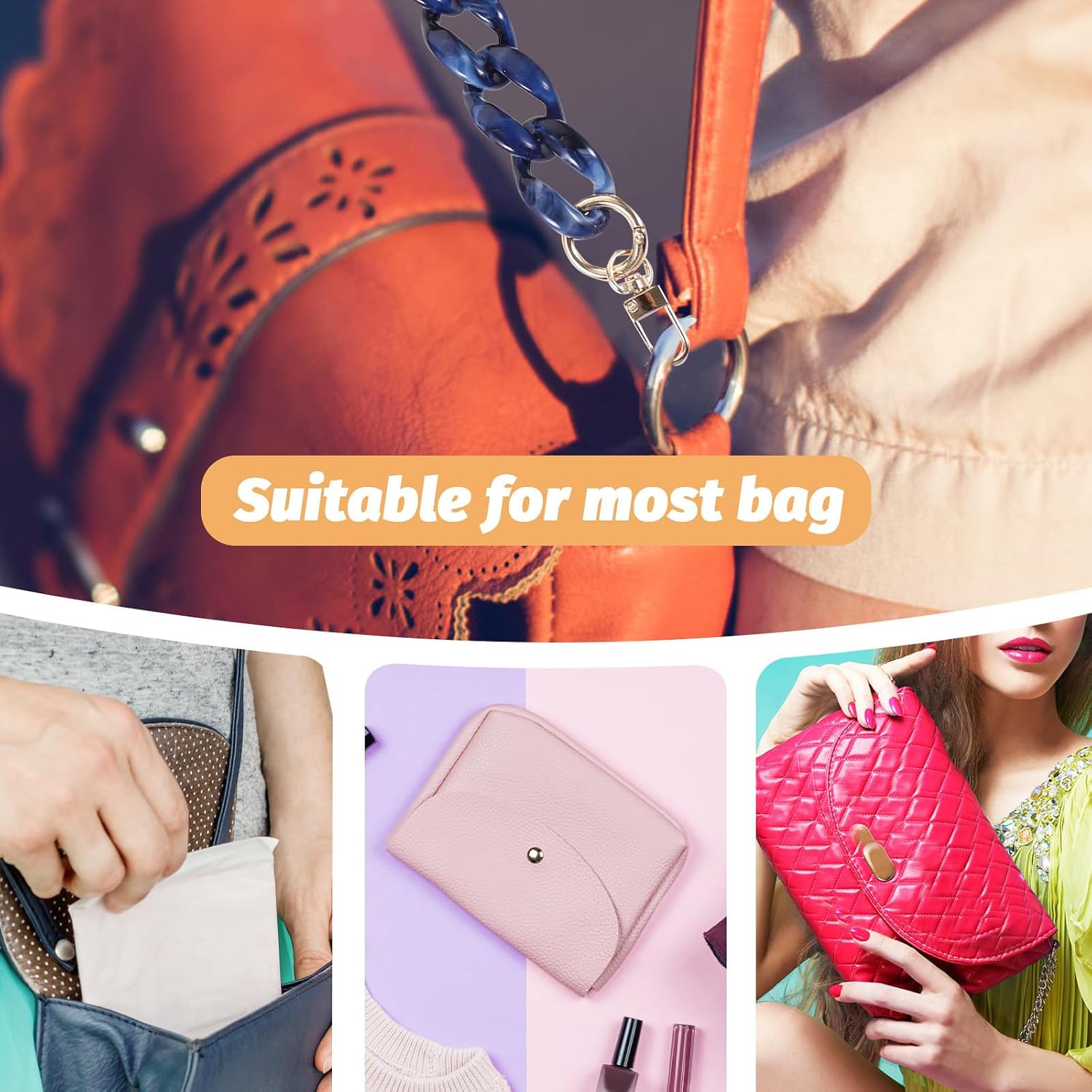 COOPHYA Vintage Handmade Detachable Acrylic Fishbone Purse Chain Strap 85cm Blue Shoulder Bag Accessory for Women Crossbody Bag Craft