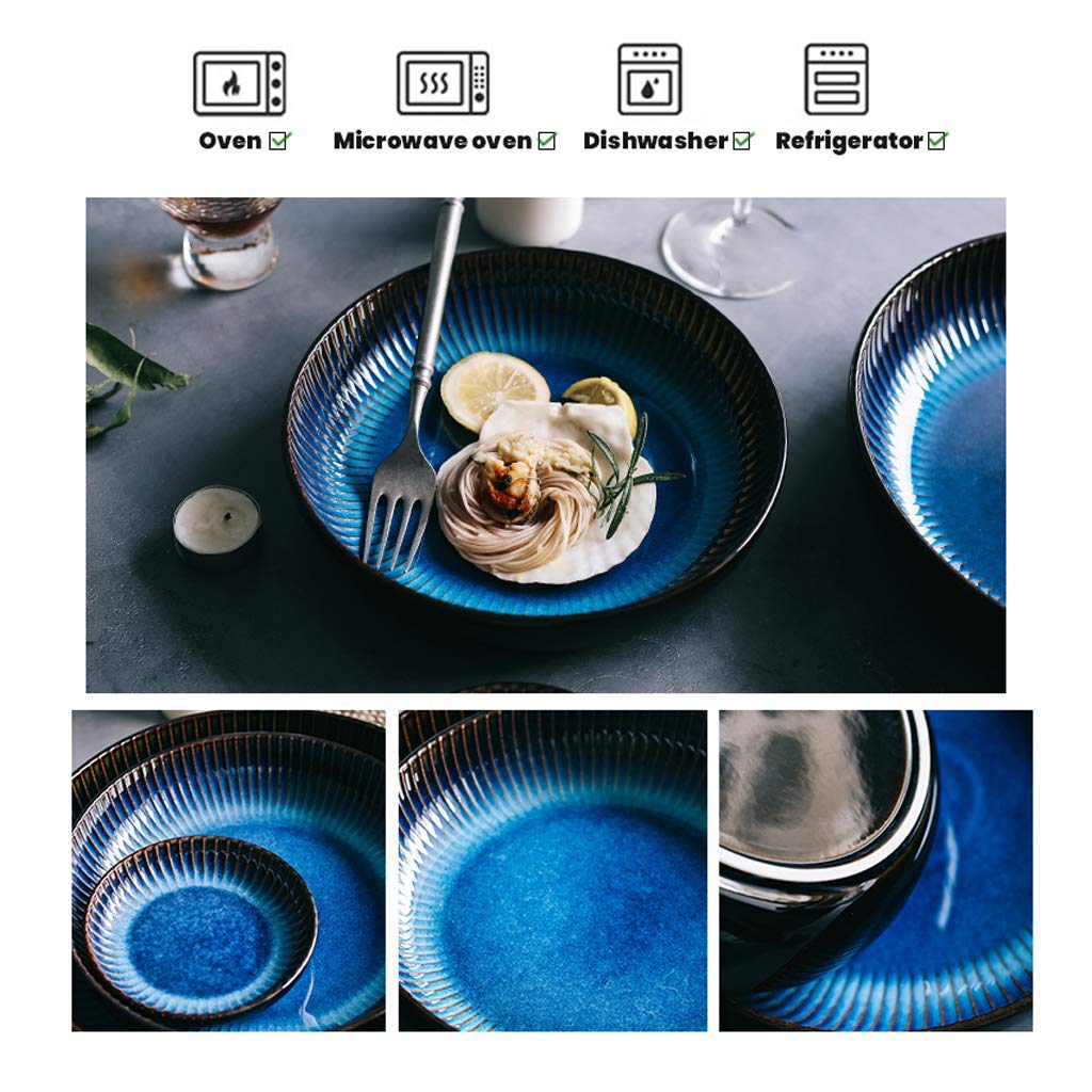 Vajillas, Platos de cerámica, 12 Piezas, Plato Hondo de Porcelana Gourmet Profesional, Color Azul Ojo de Gato, Plato Hondo para Pasta, Plato Hondo a Rayas para Restaurante.