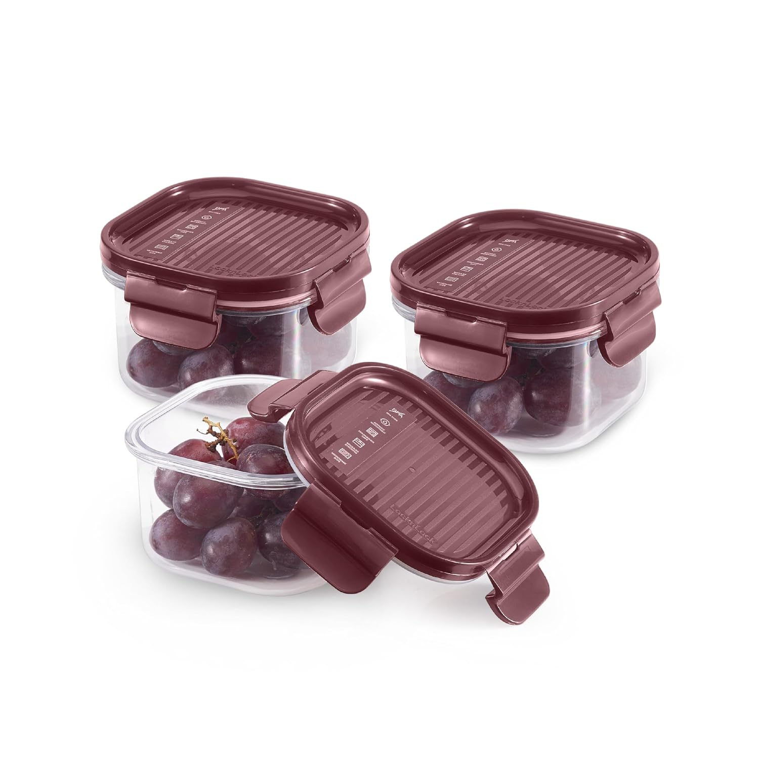 CELLO Modulock Square Kitchen Storage Containers Set of 3, (3 x 260 ml), Burgundy | Food Grade, BPA Free, Air Tight Clip L...