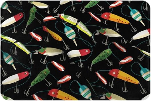 24x16in Area Rug Fishing Lure Print Washable Entry Rug Non-Slip Backing Rugs for Kitchen Floor, Front Door Indoor Door Mat, Bathroom, Bedroom Bedside
