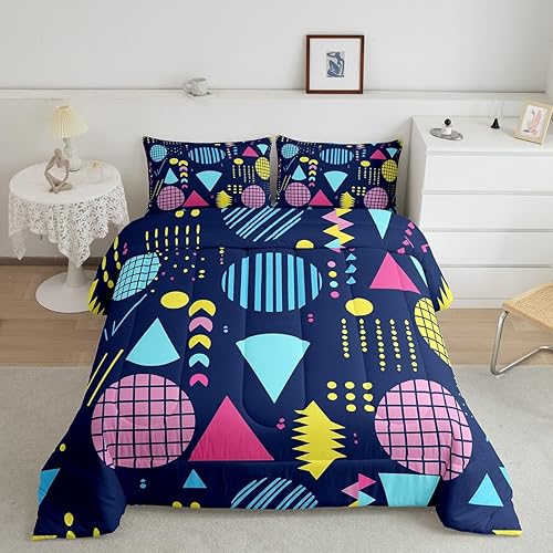 Miniatura 22 de Juego de edredón de estilo de moda de los años 80 y 90, tamaño Queen, patrón retro de estilo Memphis con formas geométricas, juego de ropa de cama