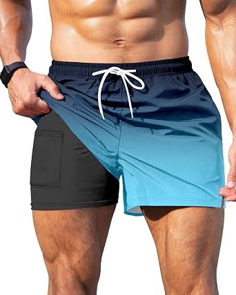 GIISAM Mens Swim Trunks, Bathing Suit 4 inch Inseam Quick Dry Swimsuit Beach Board Shorts with Compression Liner