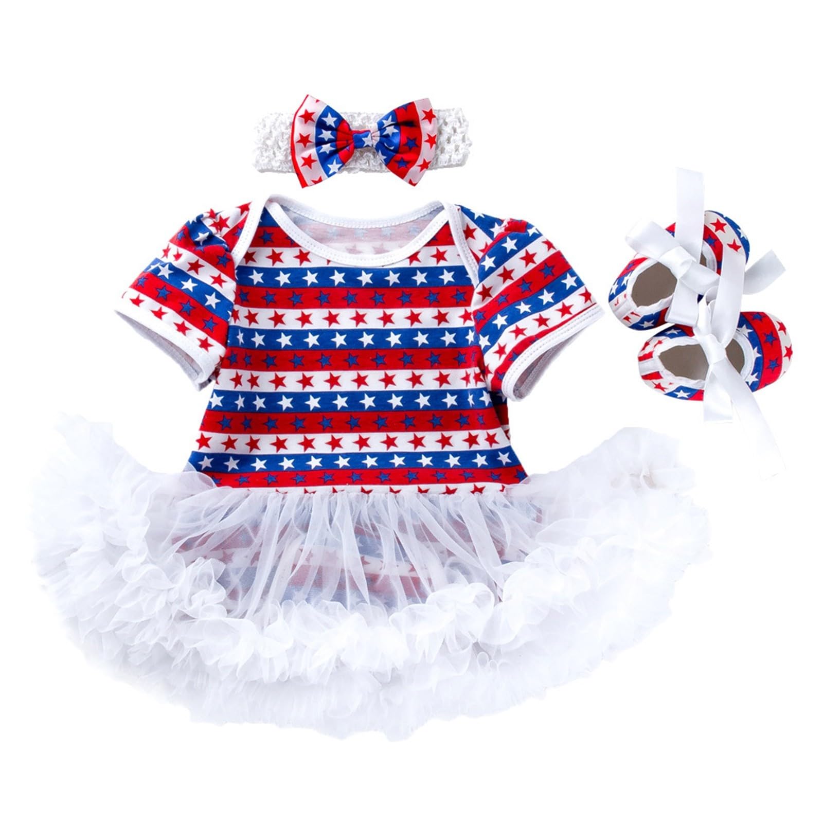 4th of July Baby Girl Outfit 3pcs Set, American Flag Romper with Ruffle Tutu Skirt, Headband & Shoes, (A, 12-14 Months)