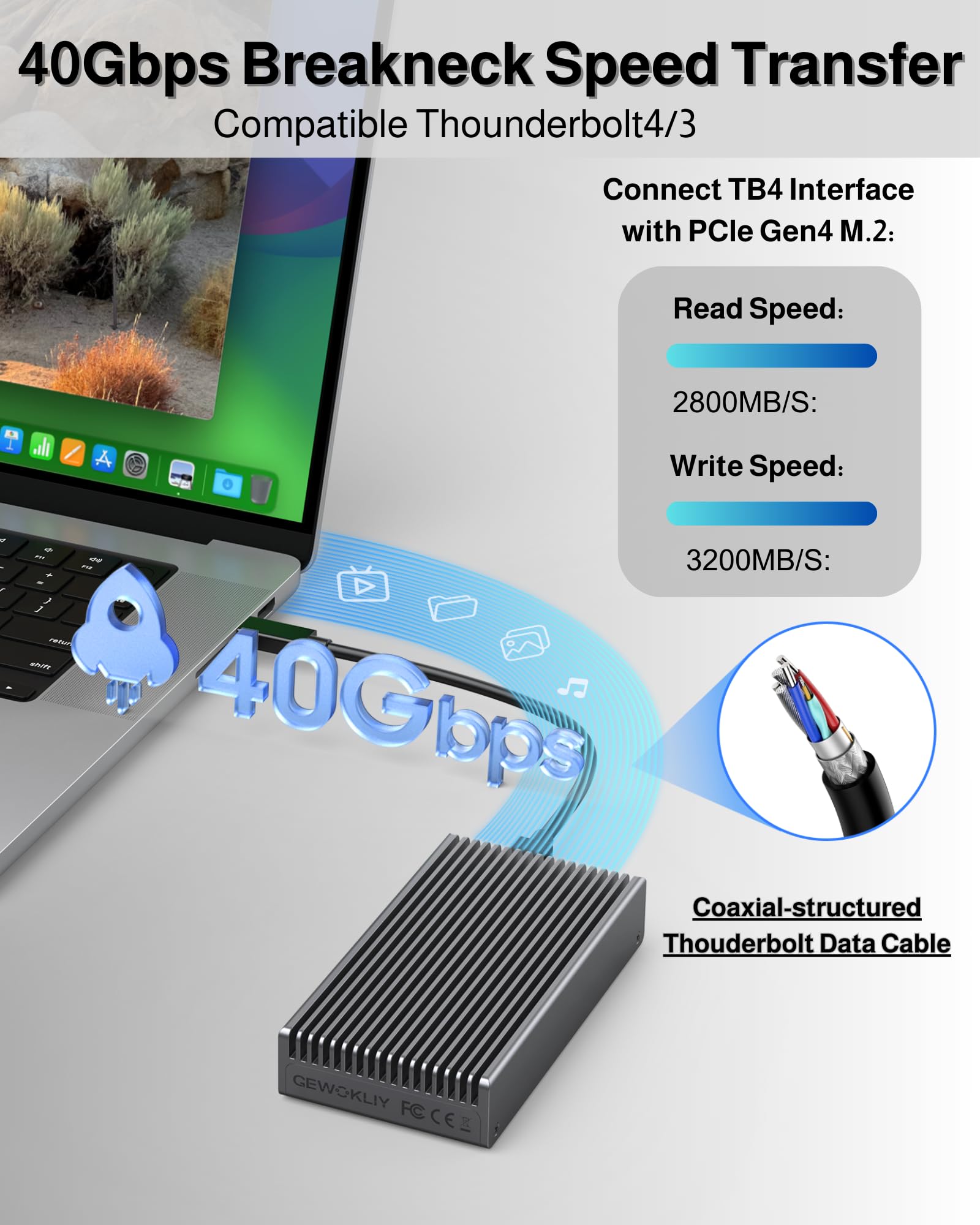 Cicha obudowa 40 Gb/s M.2 NVMe, aluminiowa obudowa zewnętrzna SSD USB C, kompatybilna z adapterem SSD Thunderbolt4/3 8 TB, czytnik PCIe Gen4 M.2 SSD, pasuje do 2280/2260/2242/2230 mm
