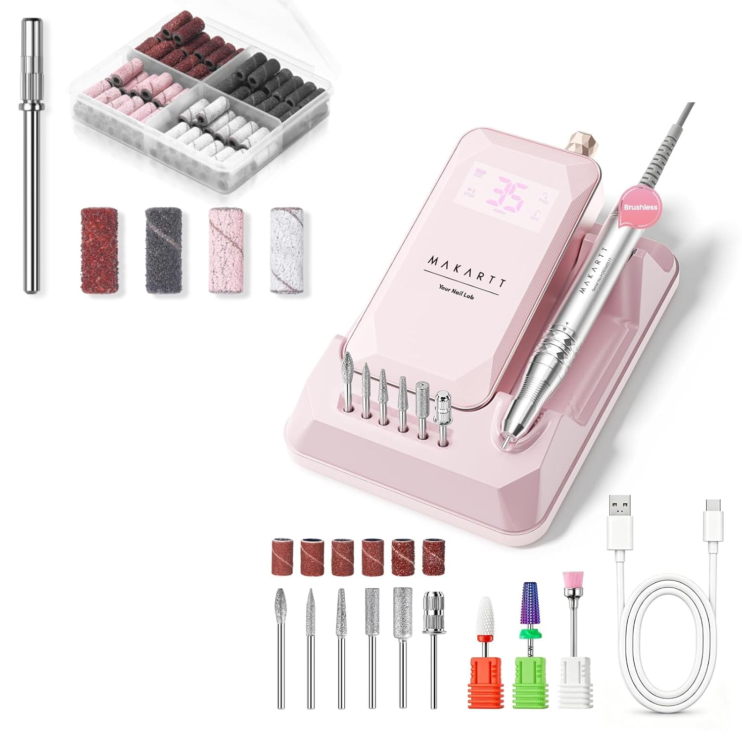 Makartt Nail Drill Bits Bundle with 60W 350000RPM Brushless Nail Drill